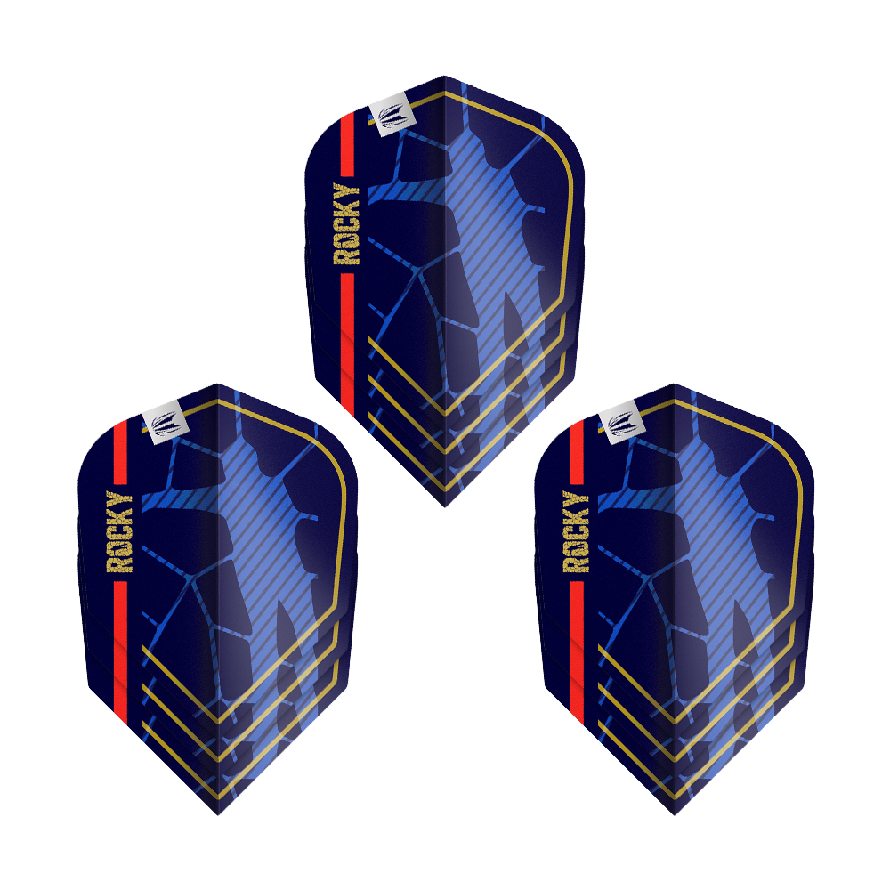 Target Pro Ultra Josh Rock GEN1 No6 Flights - 3 Sets Das Bild zeigt drei Dartflights des Produkts „Target Pro Ultra Josh Rock GEN1 No6 Flights - 3 Sets“. Die Flights sind dunkelblau mit goldenen Linien, einer roten Streifen und dem Schriftzug „ROCKY“ versehen.