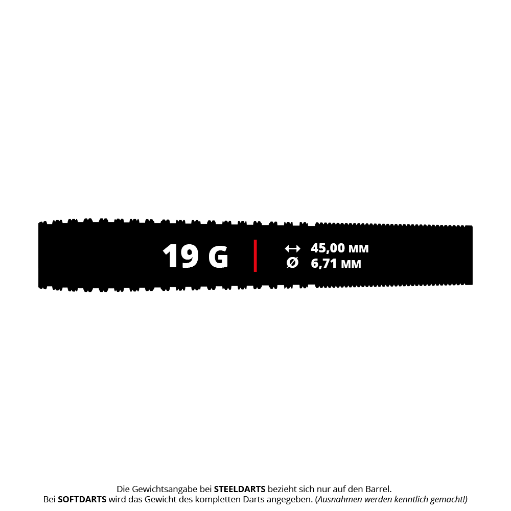Bulls NL Romeo Grbavac soft darts - 19g Das Bild zeigt die Produktinformationen für Bulls NL Romeo Grbavac Softdarts mit einem Gewicht von 19 Gramm. Die Darts haben eine Länge von 45,00 mm und einen Durchmesser von 6,71 mm.