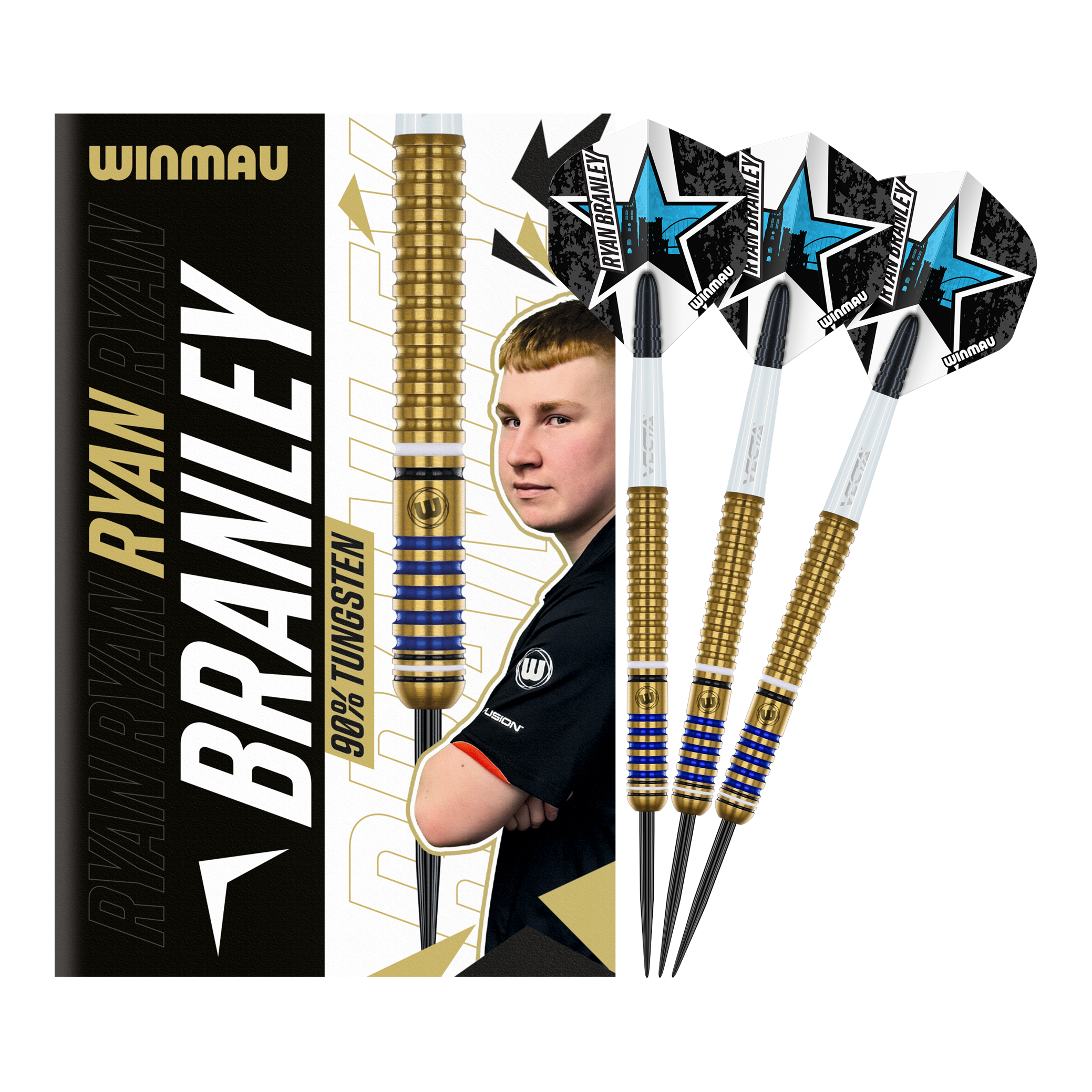 Winmau Ryan Branley Steel Darts - 23g Das Bild zeigt die Winmau Ryan Branley Steeldarts mit einem Gewicht von 23 Gramm. Die Darts sind goldfarben mit blauen Ringen und werden zusammen mit einer Verpackung präsentiert, auf der ein Porträt von Ryan Branley abgebildet ist.