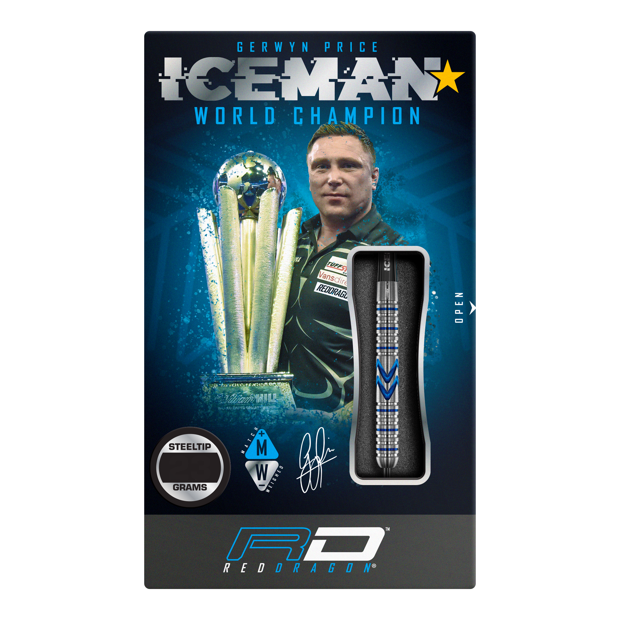 Red Dragon Gerwyn Price Iceman Midnight Edition steel darts Das Bild zeigt die Verpackung der "Red Dragon Gerwyn Price Iceman Midnight Edition Steeldarts". Auf der Verpackung ist ein Bild von Gerwyn Price mit einem Pokal und einem Steel-Dart abgebildet.