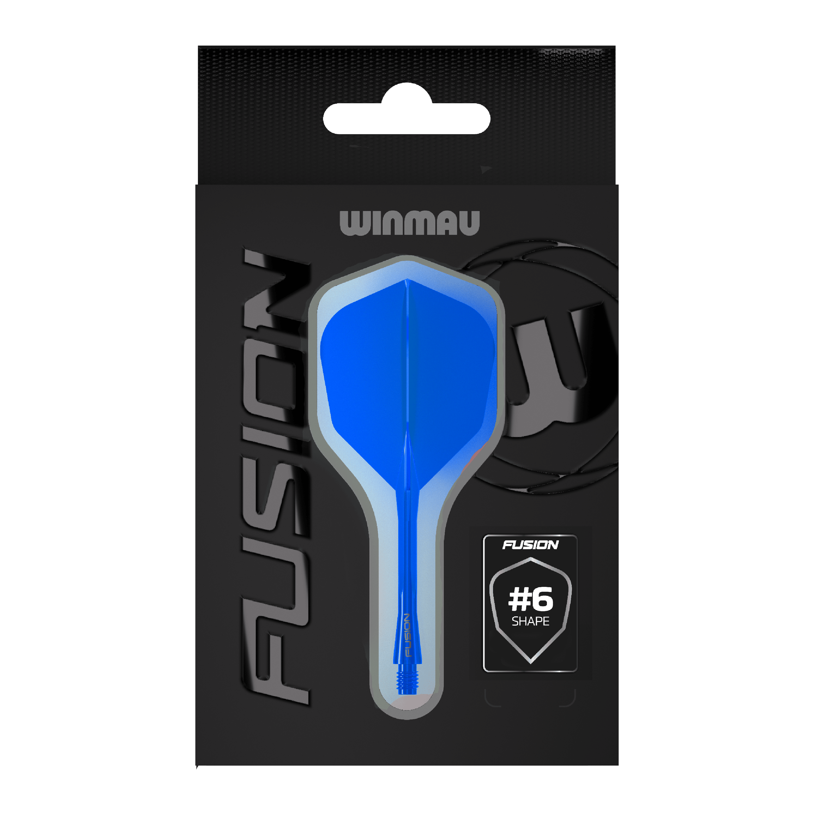 Auf dem Bild befindet sich das Winmau Fusion Flight-Shaft-System No6 in Blau. Dieses Accessoire wird für das Dartspiel verwendet.