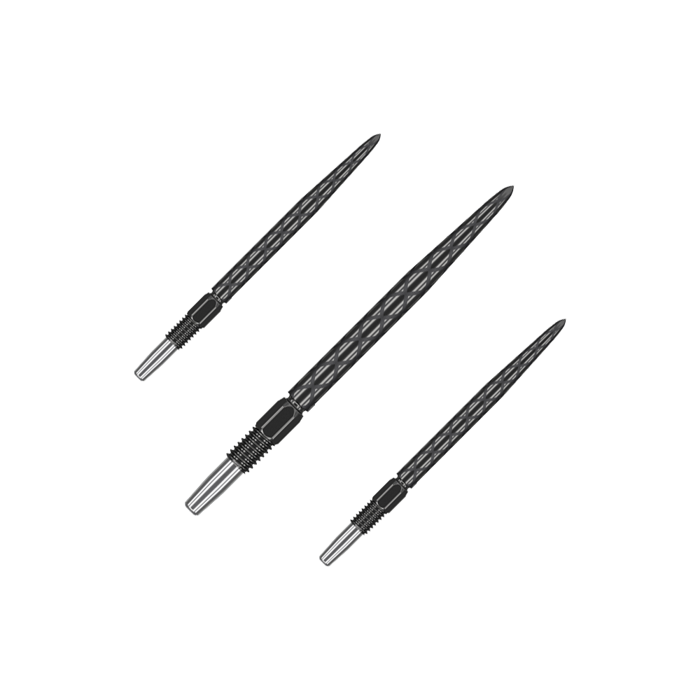 Target Swiss Diamond Pro Black Points dart tips Auf dem Bild sind drei schwarze Dartspitzen mit Diamantmuster zu sehen. Sie haben ein silberfarbenes Gewinde am Ende zum Befestigen an einem Dartpfeil.
