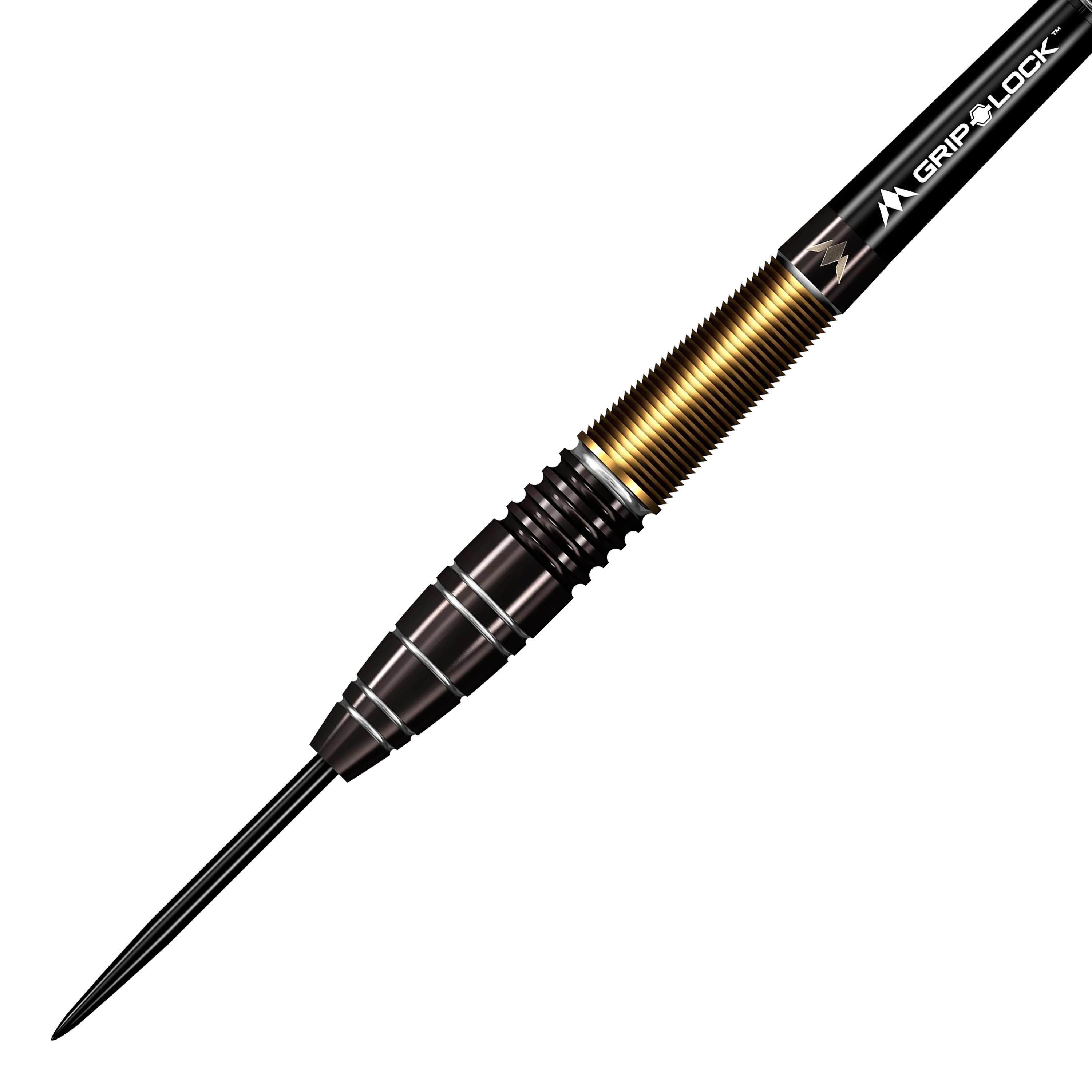 Mission Crypt Model 1 Steel Darts - 22g Das Bild zeigt einen Mission Crypt Model 1 Steeldart mit einem Gewicht von 22g. Der Dart hat ein elegantes Design mit schwarzen und goldenen Akzenten.