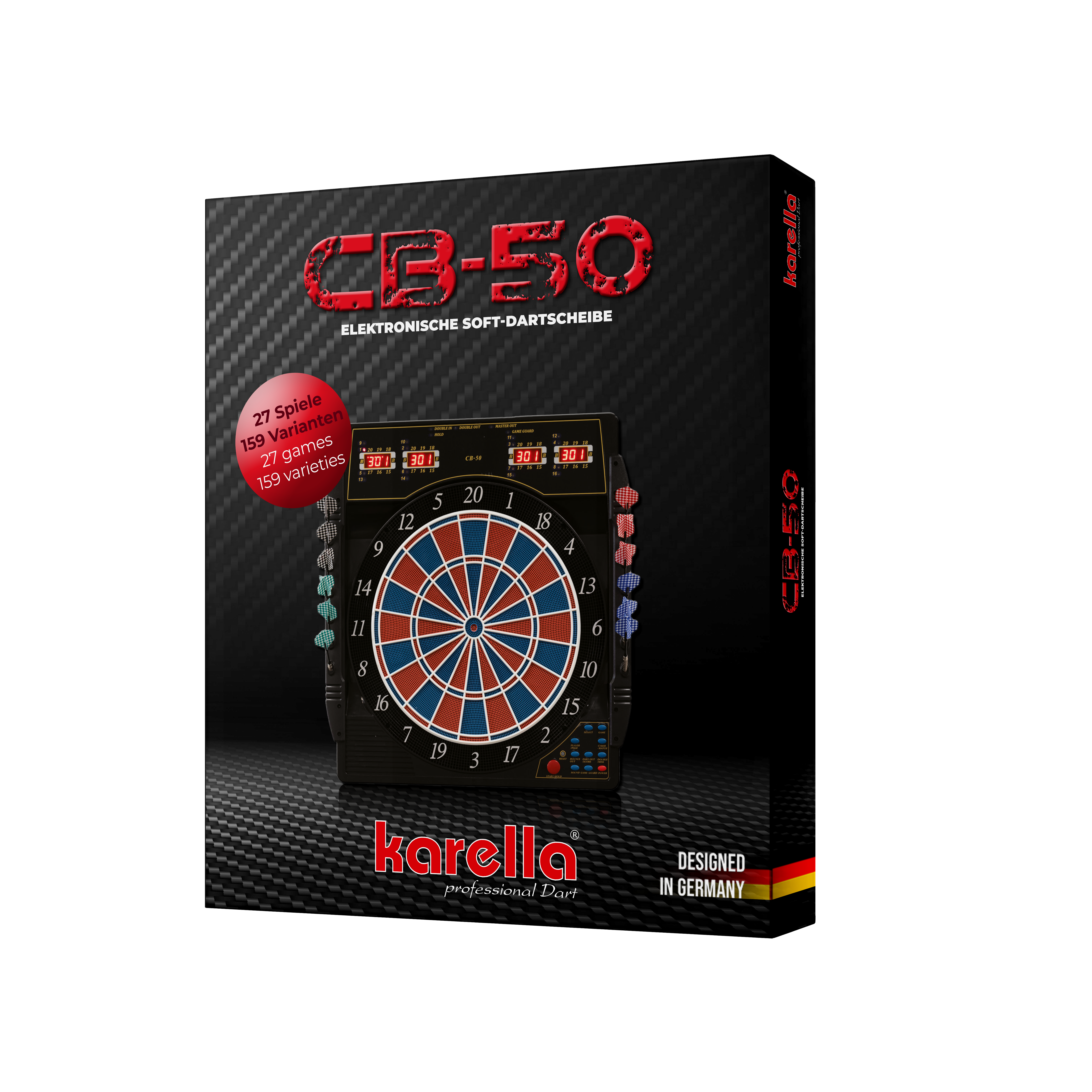 Elektronische Dartscheibe Karella CB 50 Turnierausführung Die Abbildung zeigt die Produktverpackung der elektronischen Dartscheibe Karella CB 50 Turnierausführung. Auf der Verpackung sind Informationen wie „27 Spiele, 159 Varianten“ und „Designed in Germany“ zu sehen.
