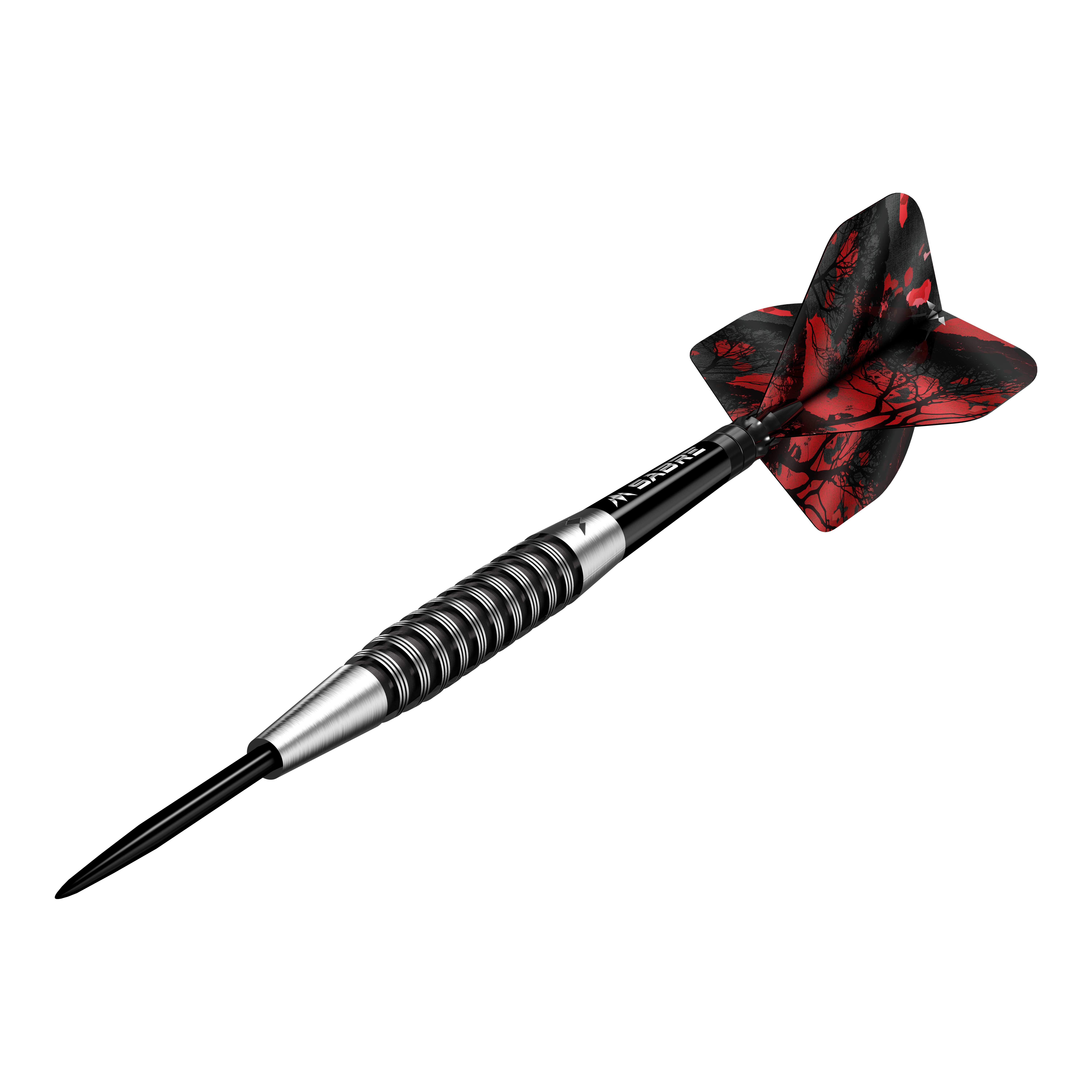 Abgebildet ist der Mission Kunai Black PVD Steeldarts mit einem Gewicht von 23g. Der Dart hat ein elegantes schwarzes Design und eignet sich ideal für Präzisionswurf.