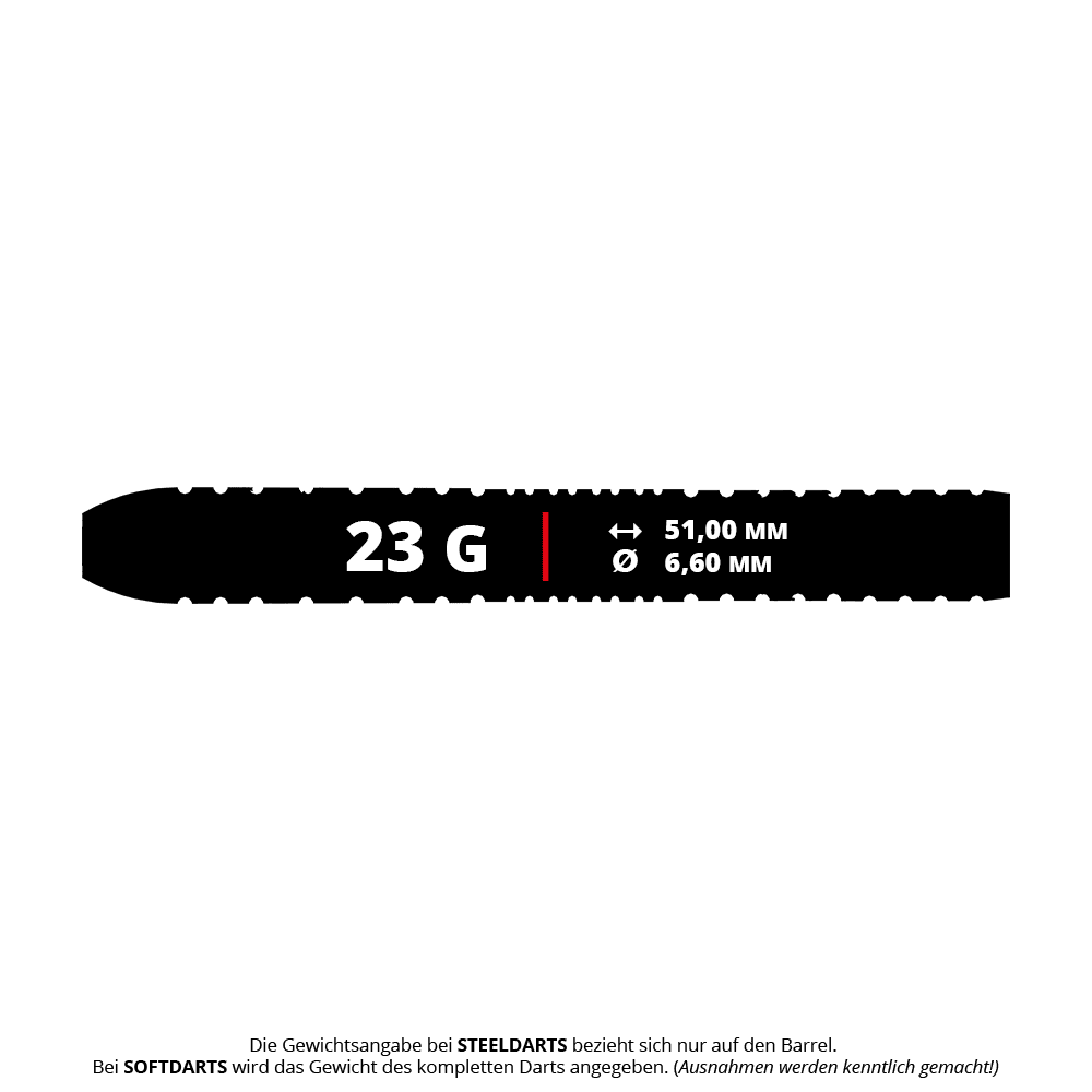 Shot Pro Series Barbora Hospodarska 2 Steeldarts - 23g Das Bild zeigt den Shot Pro Series Barora Hospodarska Steeldart mit einem Gewicht von 23 Gramm. Die Abmessungen des Darts sind 51,00 mm Länge und 6,60 mm Durchmesser.