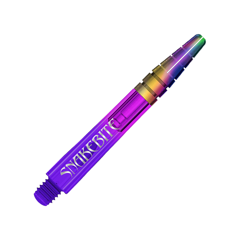 C793_Red_Dragon_Nitrotech_Peter_Wright_Purple_Ionic_Shafts_39mm_2 Das Bild zeigt einen lila Dartshaft mit dem Schriftzug "Snakebite". Der Shaft hat einen schimmernden, metallischen Farbverlauf an einem Ende.