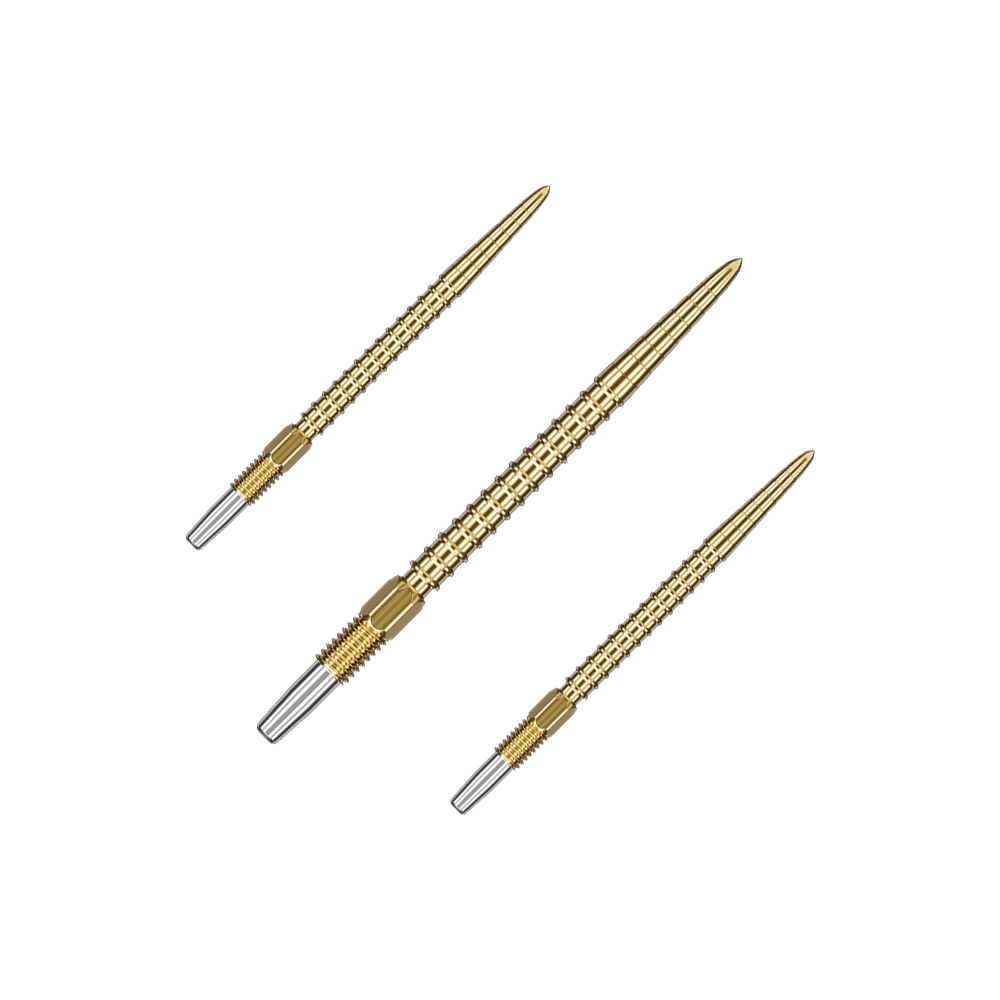Target Swiss Point Chrono Dart Tips - Gold Das Bild zeigt drei goldfarbene Dartspitzen mit silbernem Gewinde am hinteren Ende. Sie sind gleichmäßig angeordnet und haben ein schlankes, spitzes Design.