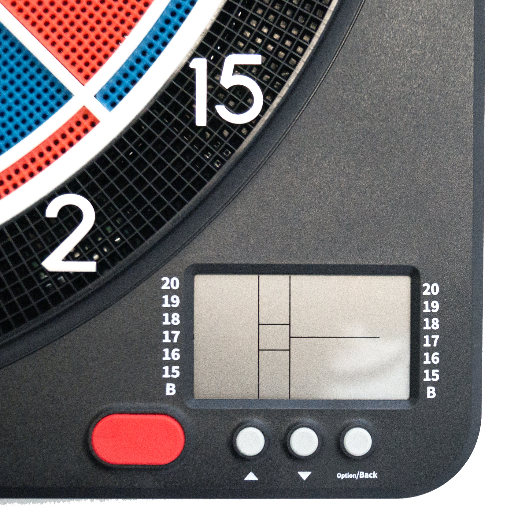 Karella CB-Smart Electronic Soft Dartboard Das Bild zeigt einen Ausschnitt der elektronischen Soft-Dartscheibe "Karella CB-Smart". Zu sehen sind ein Teil der Dartscheibe, das Display und mehrere Bedientasten.