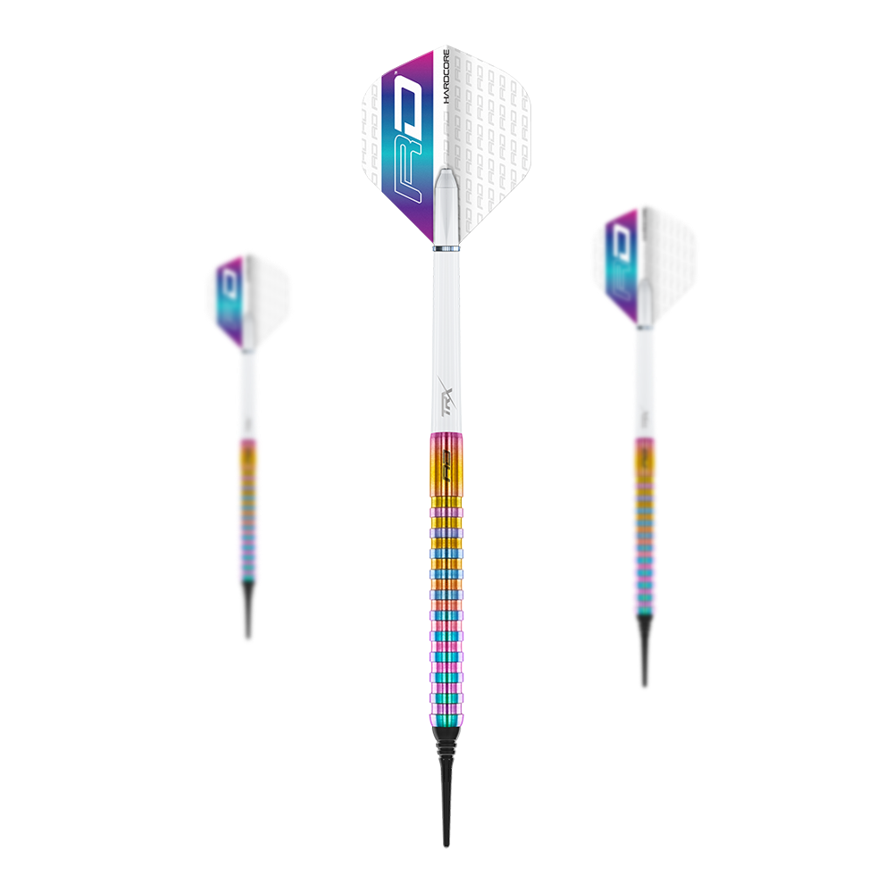 Red Dragon Javelin Spectron Soft Darts - 20g Das Bild zeigt drei Softdarts des Modells "Red Dragon Javelin Spectron" mit einem Gewicht von 20g. Die Darts haben farbenfrohe Griffe und weiße Flights mit lila und blauer Verzierung.