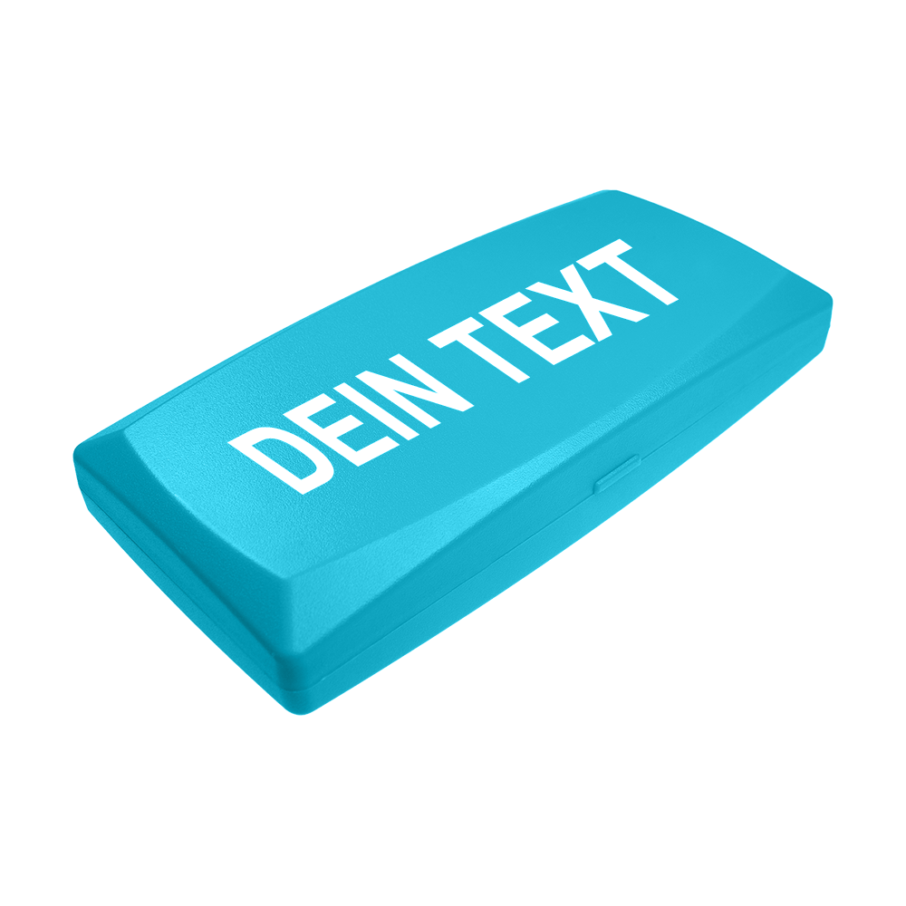 ABS box with custom print Die Abbildung zeigt eine himmelblaue Kunststoffbox mit abgerundeten Kanten. Auf dem Deckel steht in weißen Großbuchstaben der Text "DEIN TEXT".