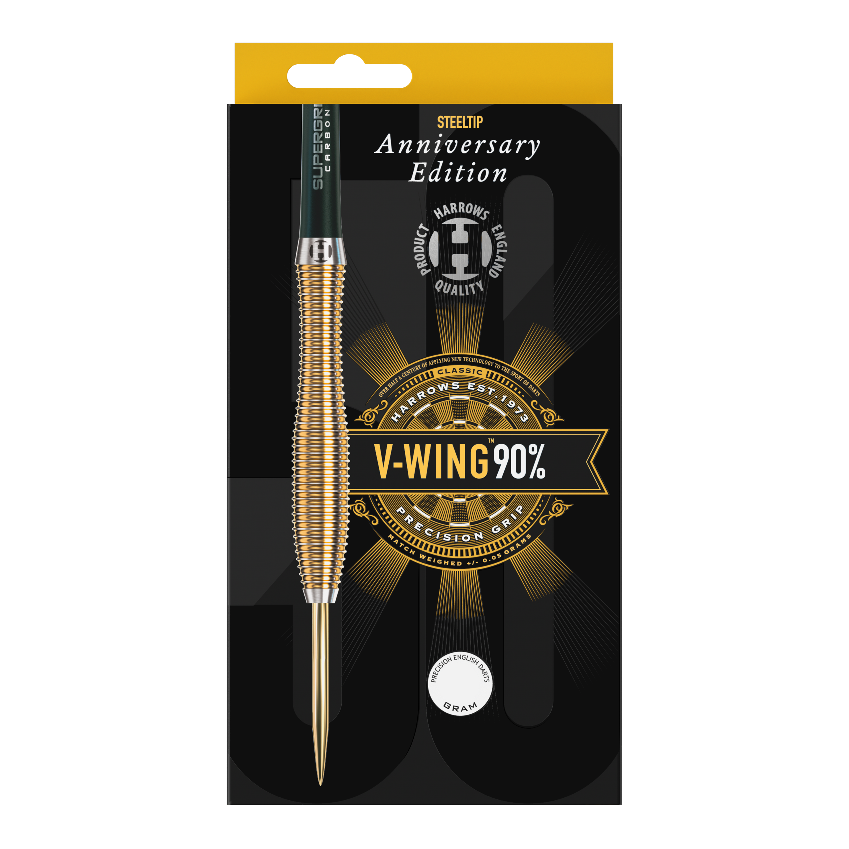 Harrows Anniversary Edition V-Wing Steel Darts Dies ist eine Verpackung für Steeldarts der Marke Harrows, Anniversary Edition. Auf der Packung steht "V-WING 90%" und "Precision Grip".