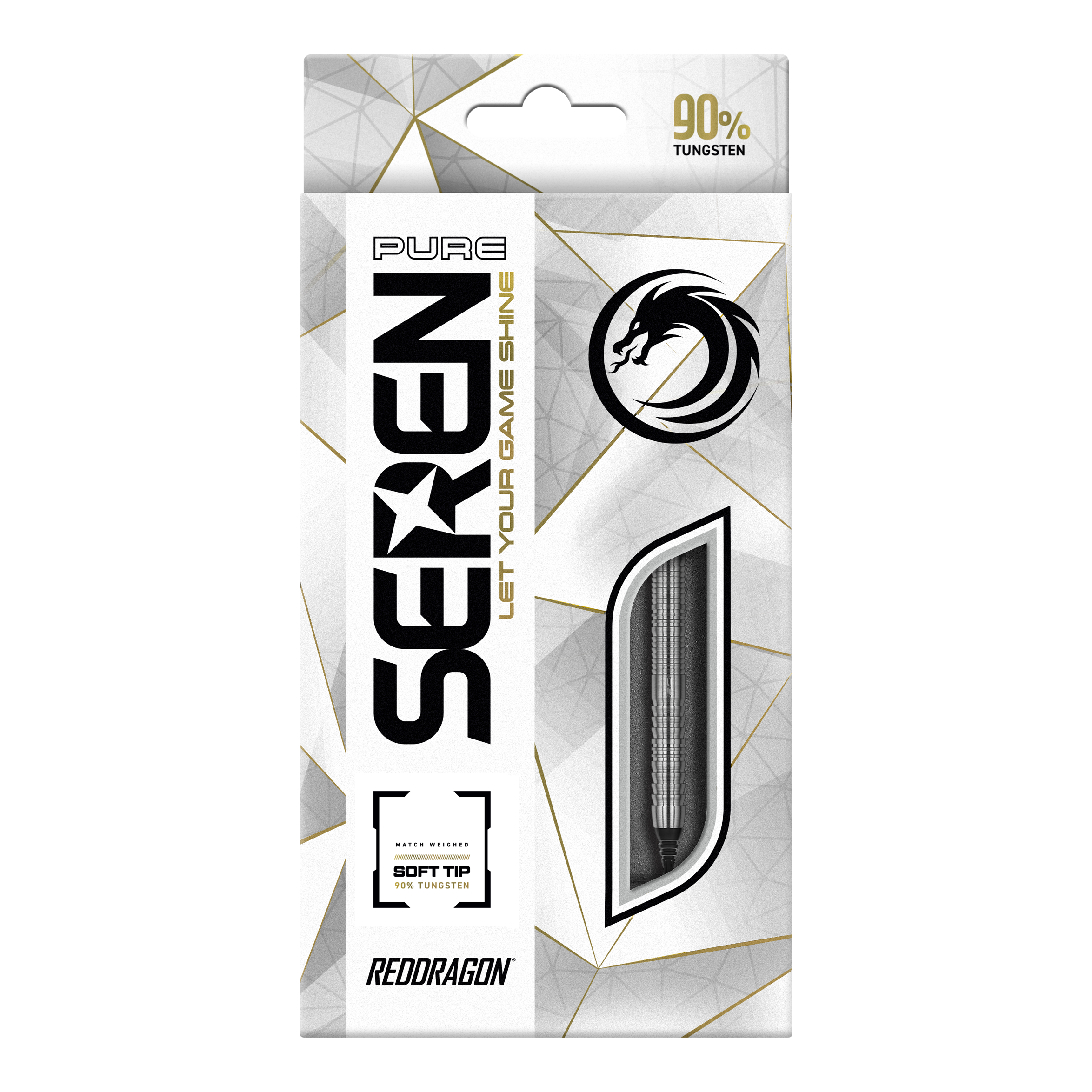 Red Dragon Seren 1 Pure Softdarts - 20g Die Verpackung zeigt das Produkt "Red Dragon Seren 1 Pure Softdarts - 20g". Das Design ist überwiegend weiß mit goldenen und schwarzen Akzenten und hebt die Qualität aus 90 % Tungsten hervor.