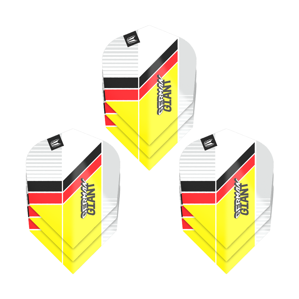 Target Pro Ultra Gabriel Clemens No6 Flights - 3 sets Das Bild zeigt drei Sets von Target Pro Ultra Gabriel Clemens No6 Flights. Die Flights haben ein Design in den Farben Weiß, Gelb, Rot und Schwarz mit der Aufschrift "GERMAN GIANT".