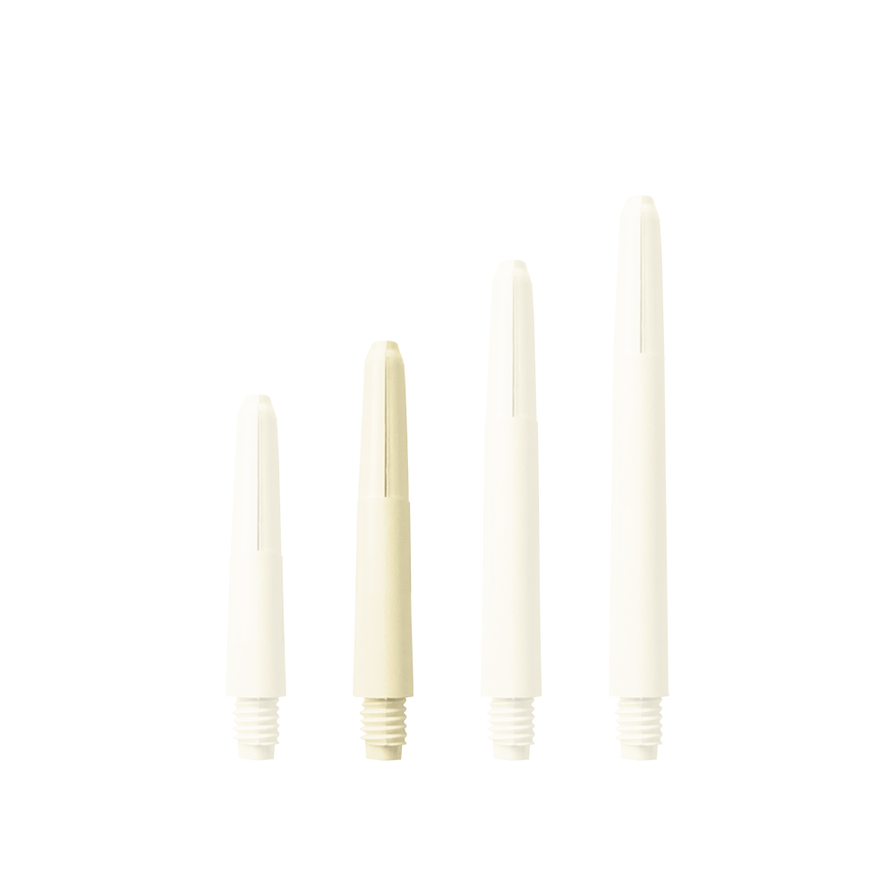 576_Nylon_Shafts_Naturweiss_35mm_16vLmlVYycmdMo Das Bild zeigt vier Nylon-Schäfte in naturweißer Farbe, die in verschiedenen Längen angeordnet sind. Sie besitzen ein Schraubgewinde am unteren Ende.