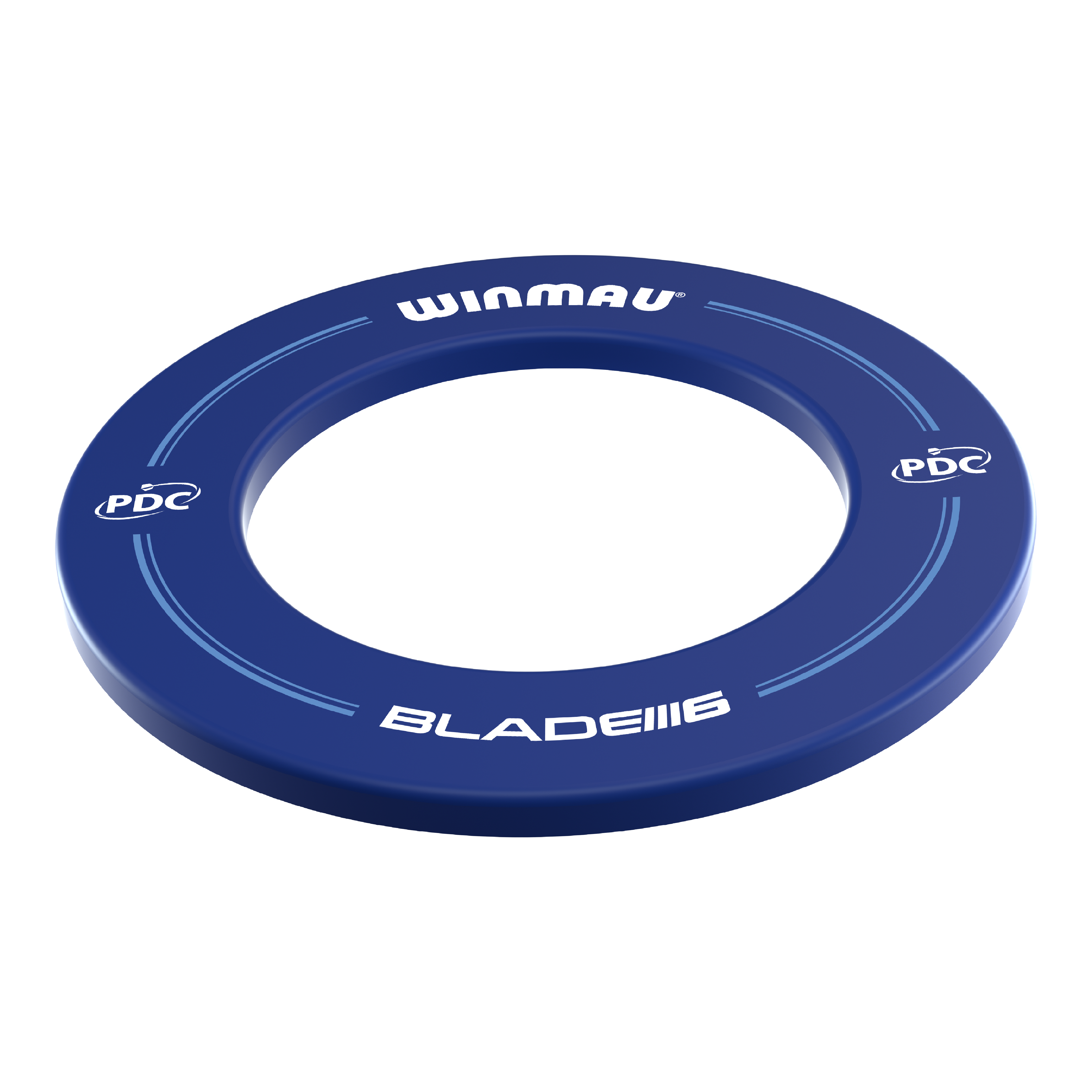Winmau PDC Dartboard Surround - Blue Das Bild zeigt ein blaues Dartboard-Surround der Marke Winmau mit der Aufschrift "BLADE 6" und "PDC". Es ist rund und dient zum Schutz der Wand rund um eine Dartscheibe.