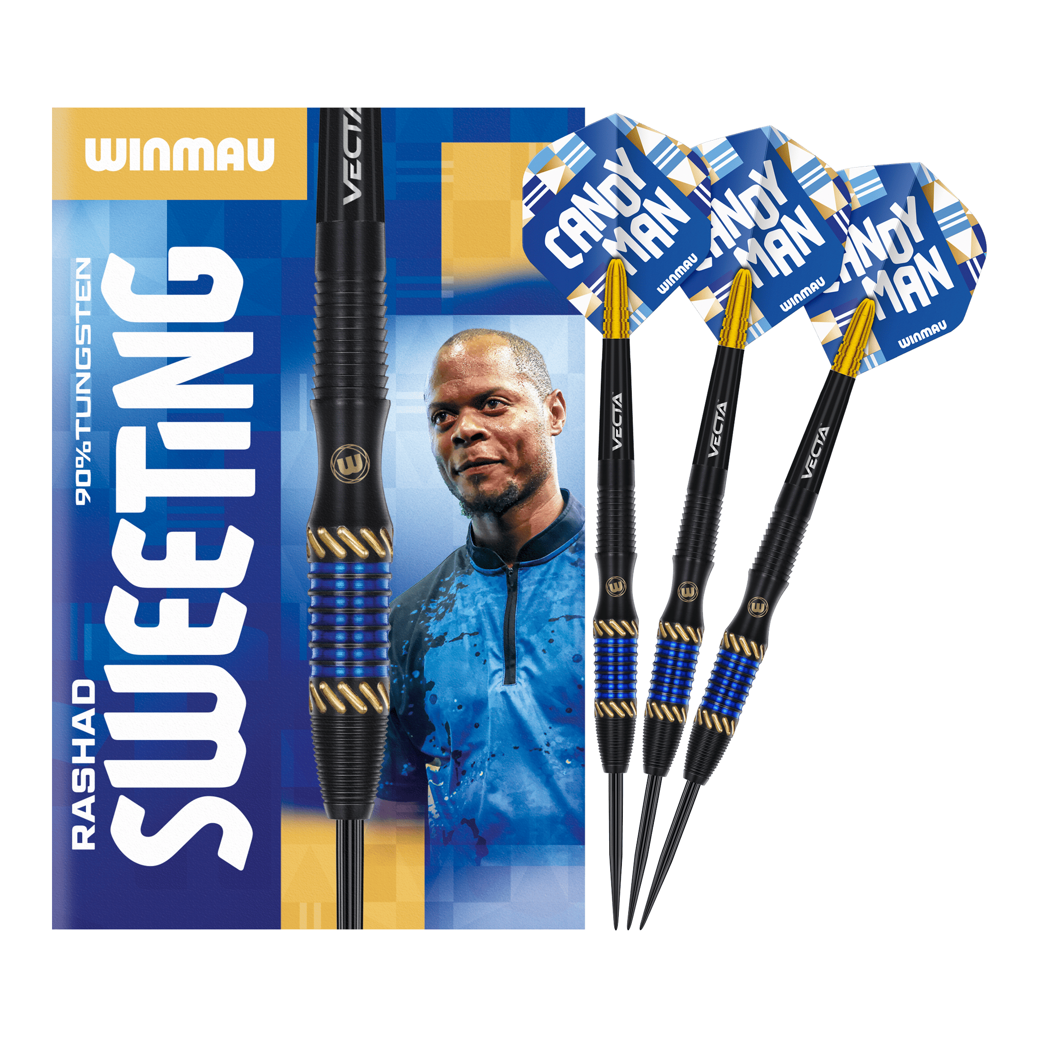 Winmau Rashad Sweeting Steeldarts - 24g Auf dem Bild sind die Winmau Rashad Sweeting Steeldarts - 24g zu sehen. Die Verpackung zeigt ein Porträt von Rashad Sweeting und die drei Darts sind mit blauen und goldenen Akzenten gestaltet.