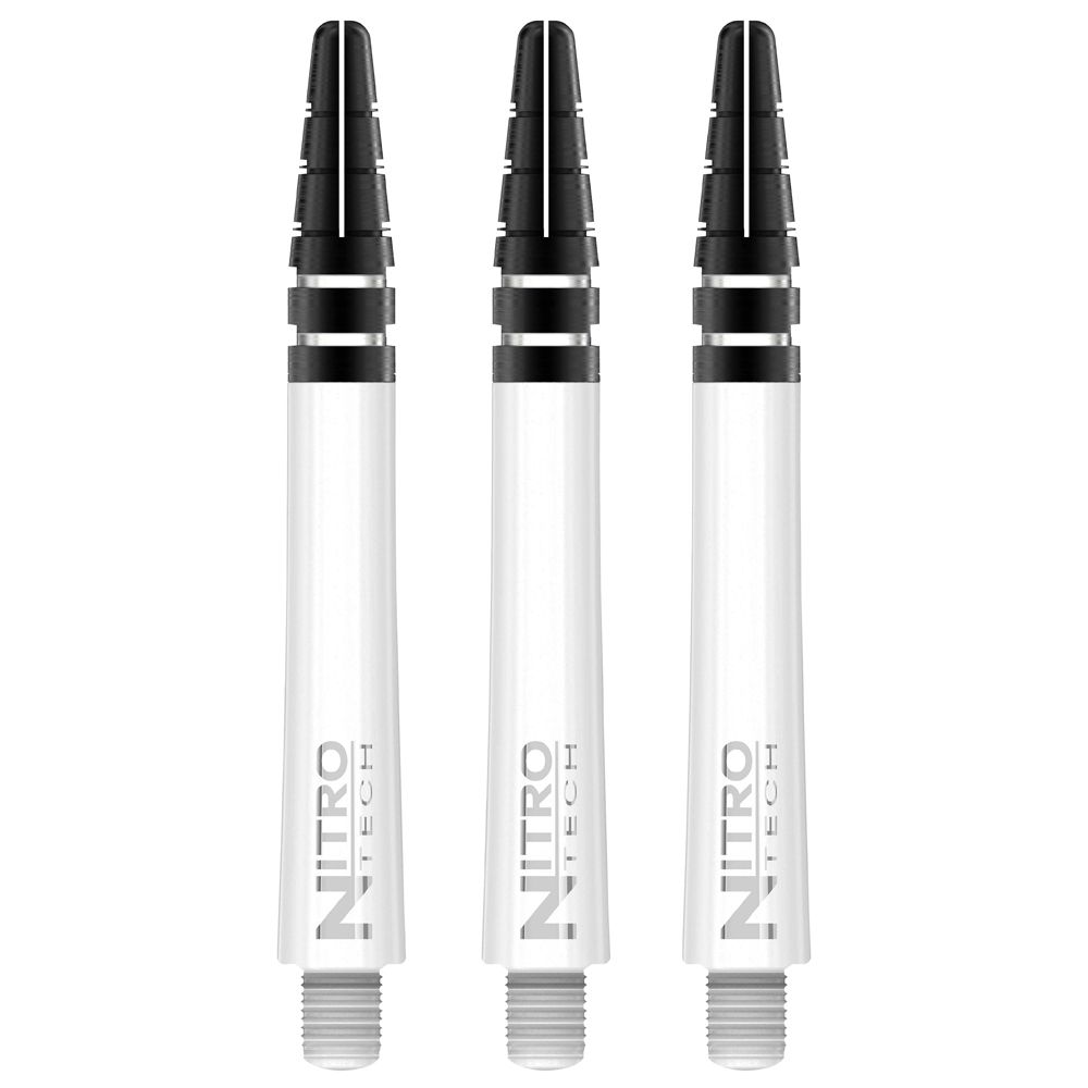 Das Bild zeigt drei weiße RedDragon Nitrotech Shafts für Dartpfeile. Die Schäfte haben einen schwarzen oberen Teil und das Logo "NITRO TECH" ist aufgedruckt.