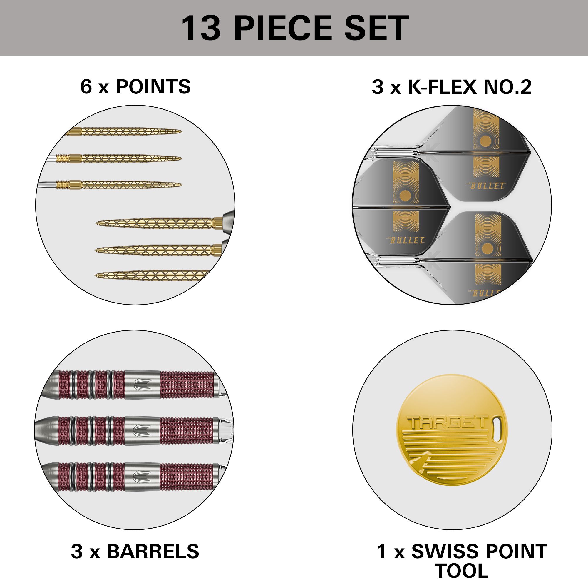 Target Stephen Bunting 95K Swiss Point Steel Darts Das Bild zeigt ein 13-teiliges Dart-Set mit Spitzen, Schäften, Barrels und einem Swiss Point Werkzeug. Es handelt sich um das Produkt "Target Stephen Bunting 95K Swiss Point Steeldarts".