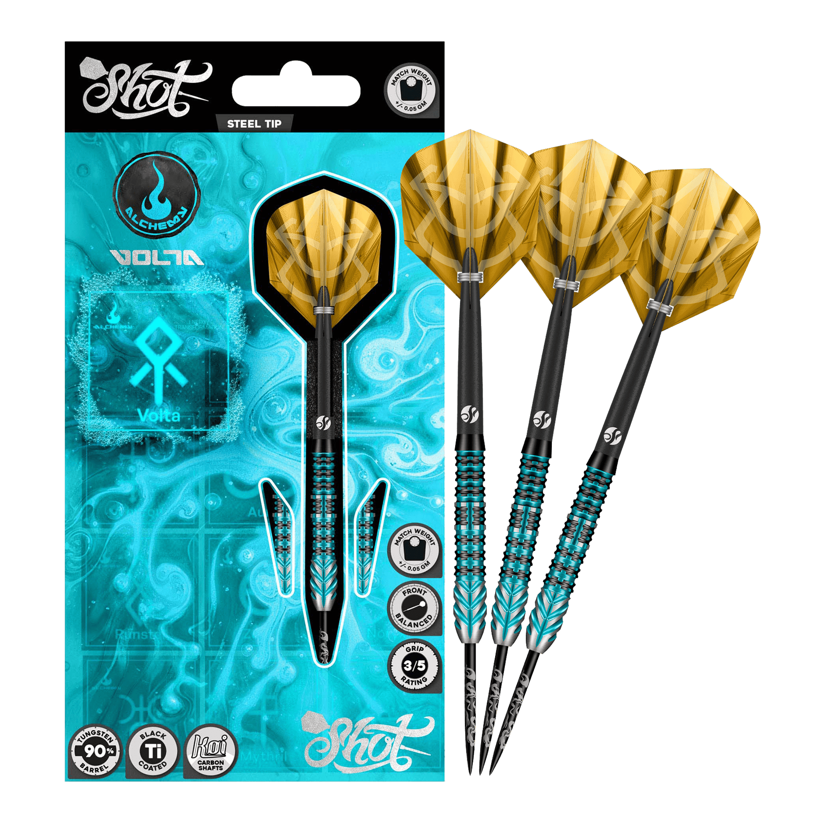 Shot Alchemy Volta steel darts Das Bild stellt die Shot Alchemy Volta Steeldarts dar. Die Steeldarts sind hochwertig verarbeitet.