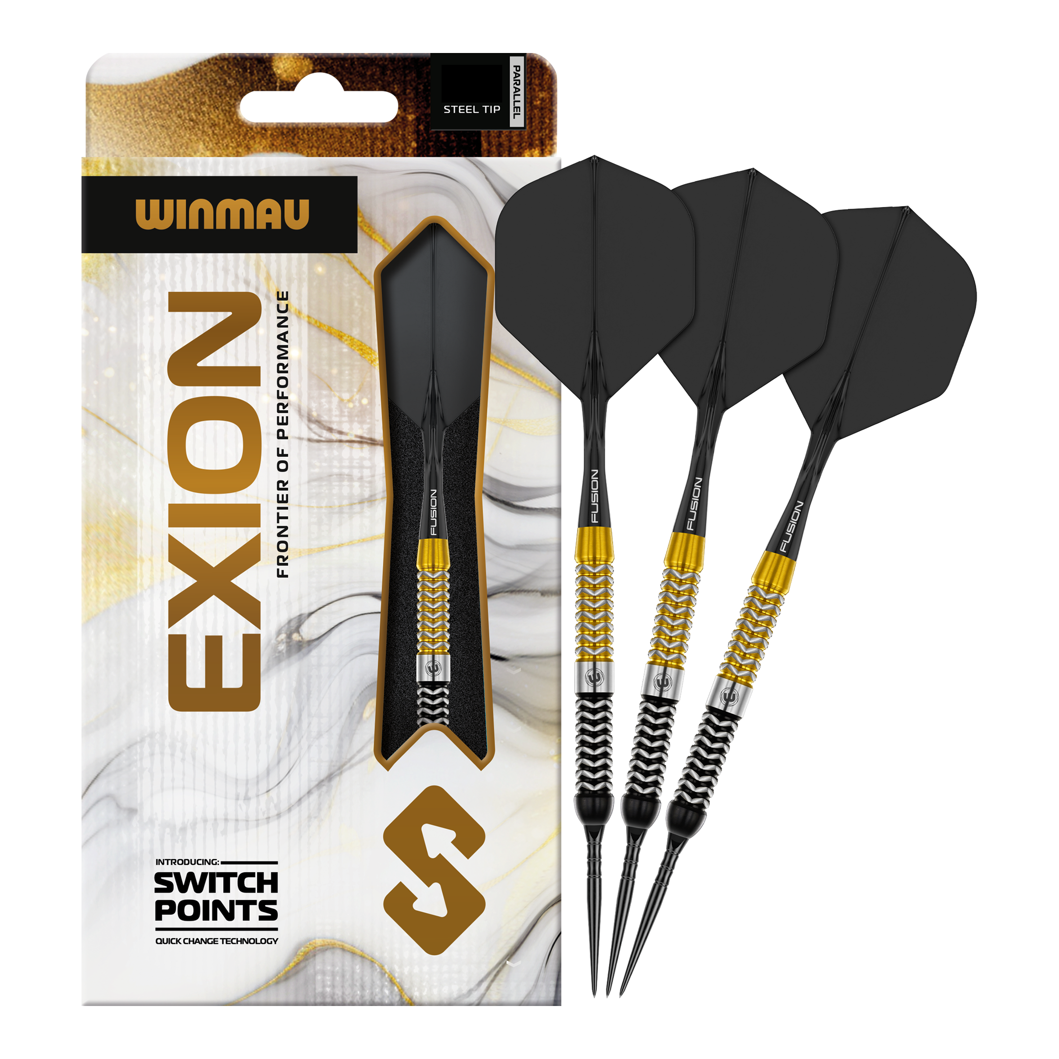 Auf dem Bild sind die Winmau Exion Parallel Switch Point Steeldarts komplett abgebildet. Die Darts eignen sich ideal für professionelle Spieler.