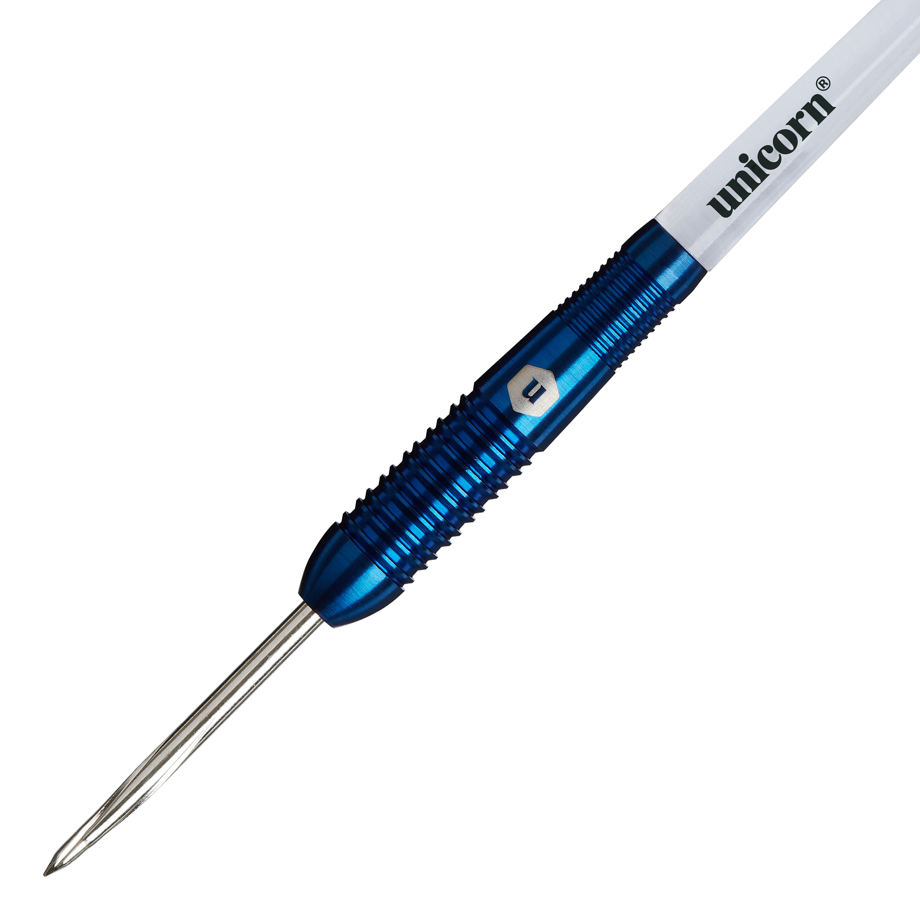Das Bild zeigt den Unicorn Prodigy 02 Torpedo Steeldart mit einem blauen, geriffelten Schaft. Auf dem weißen Schaftabschnitt steht der Schriftzug "unicorn".
