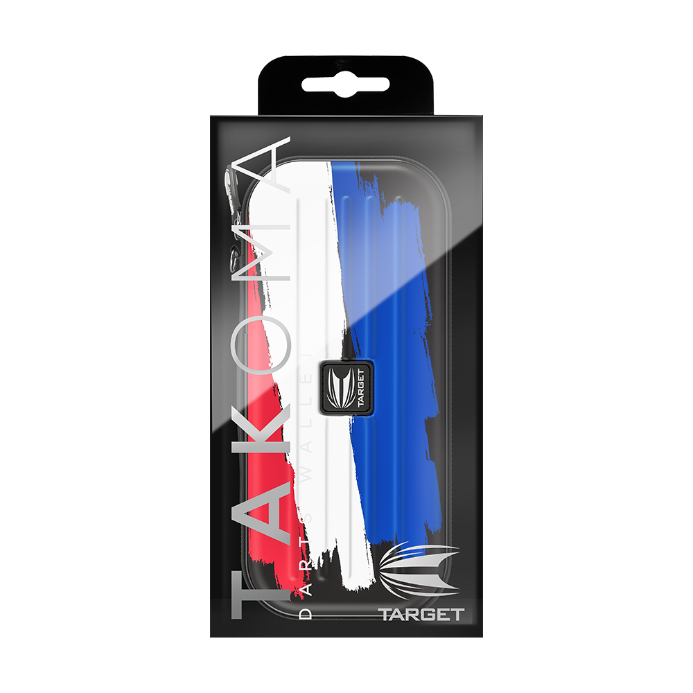 330002_Target_Takoma_Flag_Holland_Dartwallet_4QsxHYqWHjpOD0 Das Bild zeigt eine Target Takoma Flag Holland Dartwallet in einer Verpackung. Die Darttasche hat ein Design mit roten, weißen und blauen Farbstreifen, die an die niederländische Flagge erinnern.