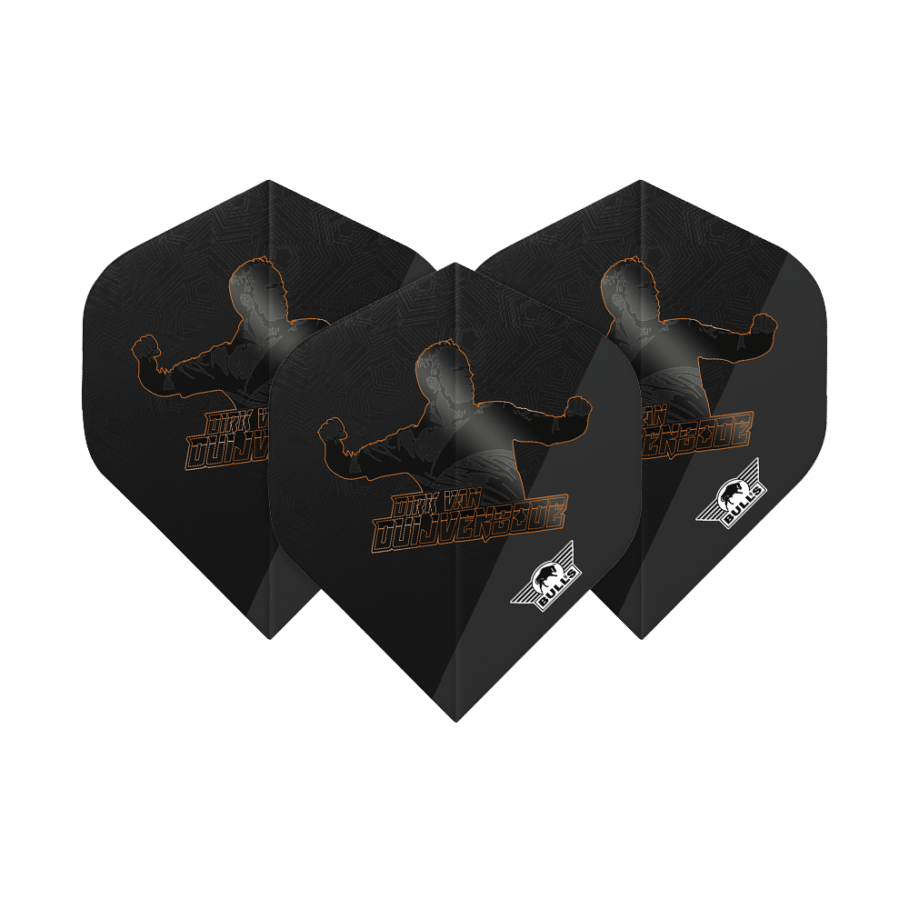 Bulls NL Player 100 Dirk Van Duijvenbode Edition 2 No2 Standard Flights Das Bild zeigt drei schwarze Dart Flights mit dem Aufdruck "Dirk Van Duijvenbode" und einer Silhouette. In der Ecke ist das weiße Bulls NL-Logo zu sehen.