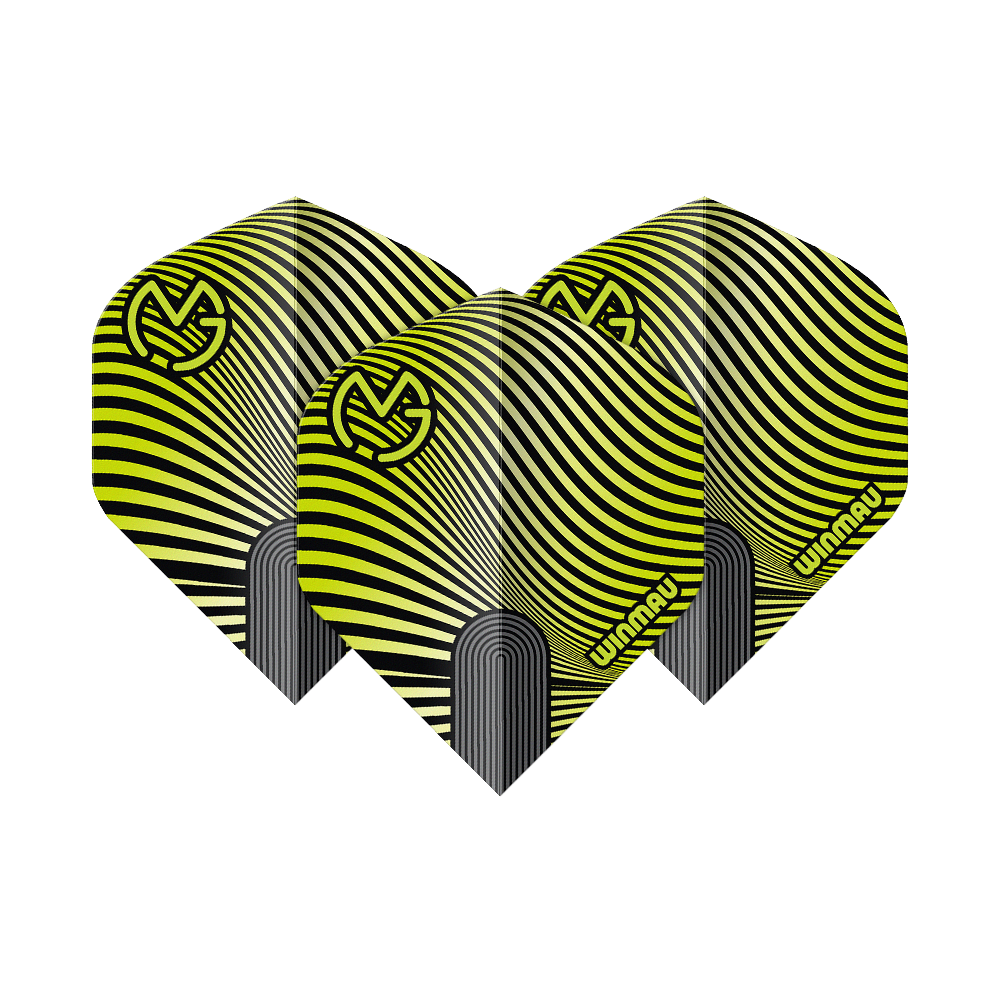 Gezeigt werden die Winmau Prism Delta MvG Green Black No2 Standard Flights. Das Set umfasst standardförmige Dartflights in Grün und Schwarz.