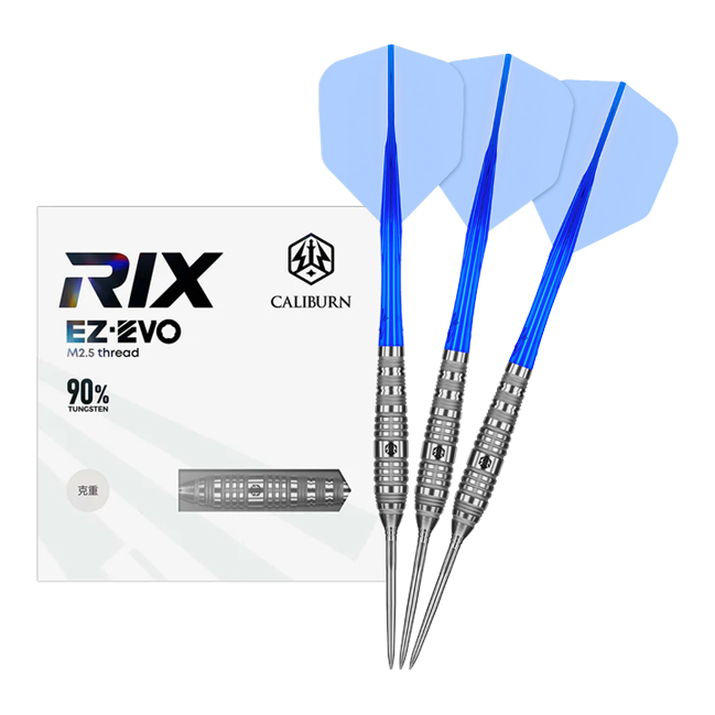 Dieses Bild zeigt die Caliburn Rix EZ-EVO R3 Steeldarts in voller Ansicht. Das Produkt ist auf Präzision und Balance ausgelegt.