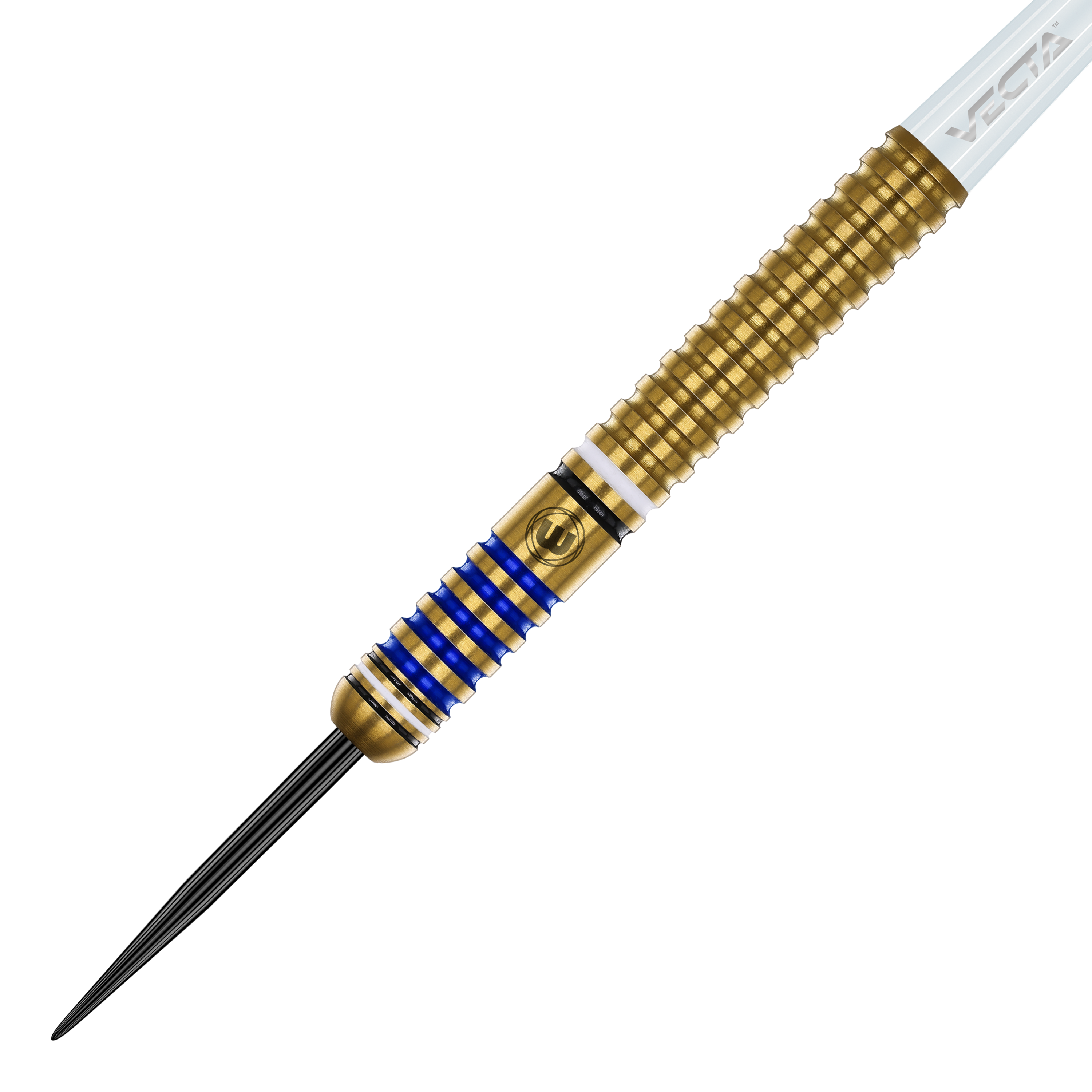 Der Winmau Ryan Branley Steeldart mit 23g Gewicht ist auf dem Bild zu sehen. Er hat ein goldfarbenes Griffstück mit blauen und weißen Ringen und einer schwarzen Spitze.