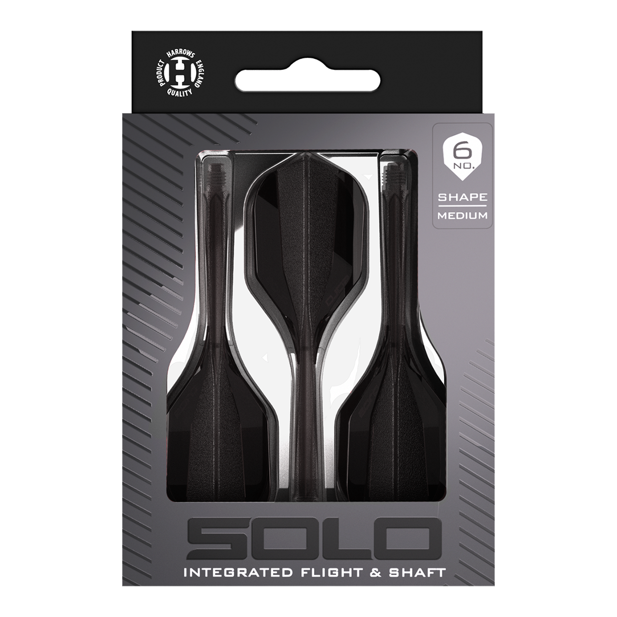 Harrows Solo No6 Flight-Shaft-System in Schwarz ist auf dem Bild zu sehen. Dieses Flight-Shaft-System eignet sich besonders für Dartspieler.