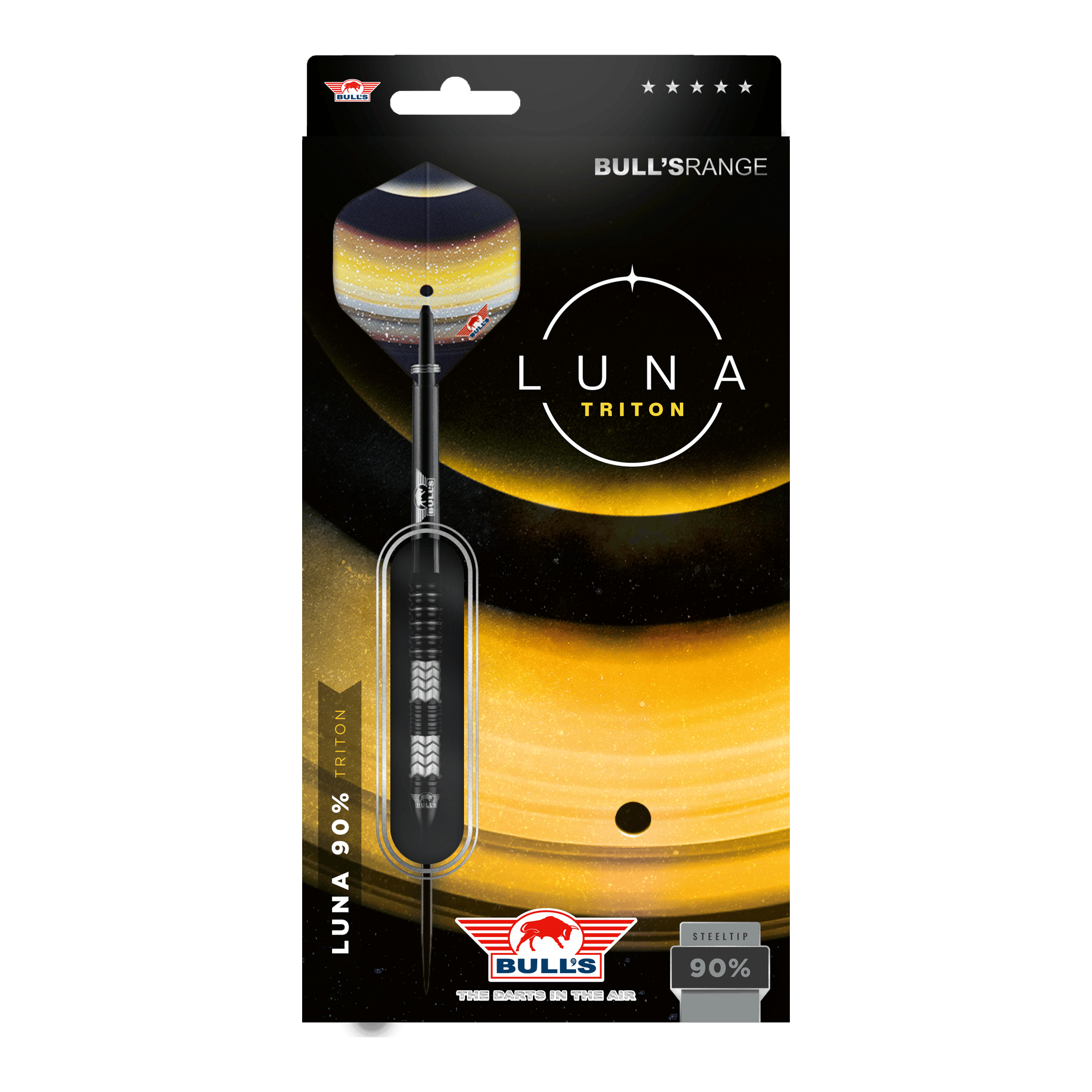 Bulls NL Luna Triton steel darts Das Bild zeigt die Verpackung der "Bulls NL Luna Triton Steeldarts". Die Verpackung ist schwarz-gelb gestaltet und hebt den Dartpfeil sowie den Schriftzug "Luna Triton" hervor.