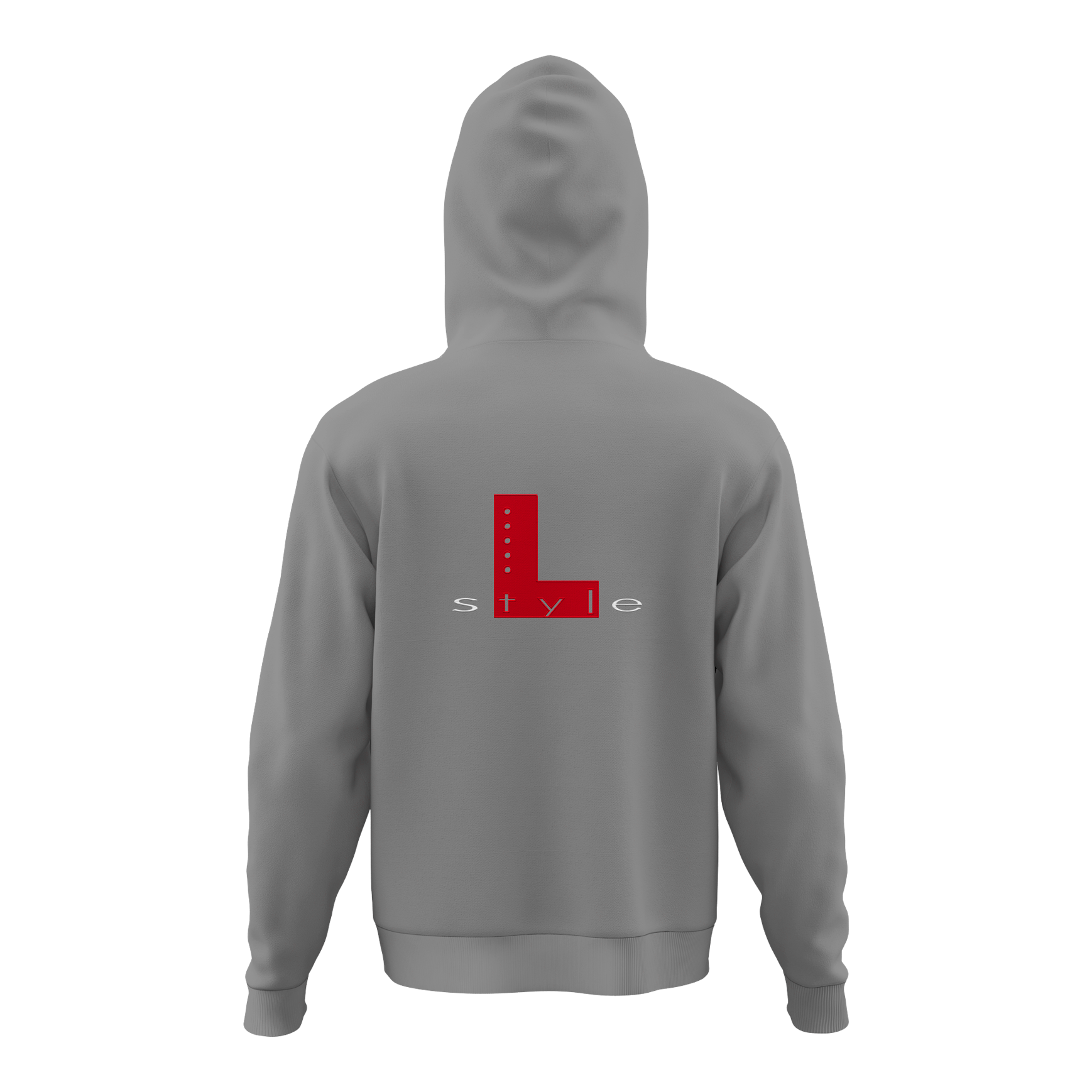 L-Style Hoodie - Grey Der Hoodie ist grau und hat auf der Rückseite ein großes rotes "L" mit dem Wort "style" darunter. Das Design ist schlicht und modern gehalten.