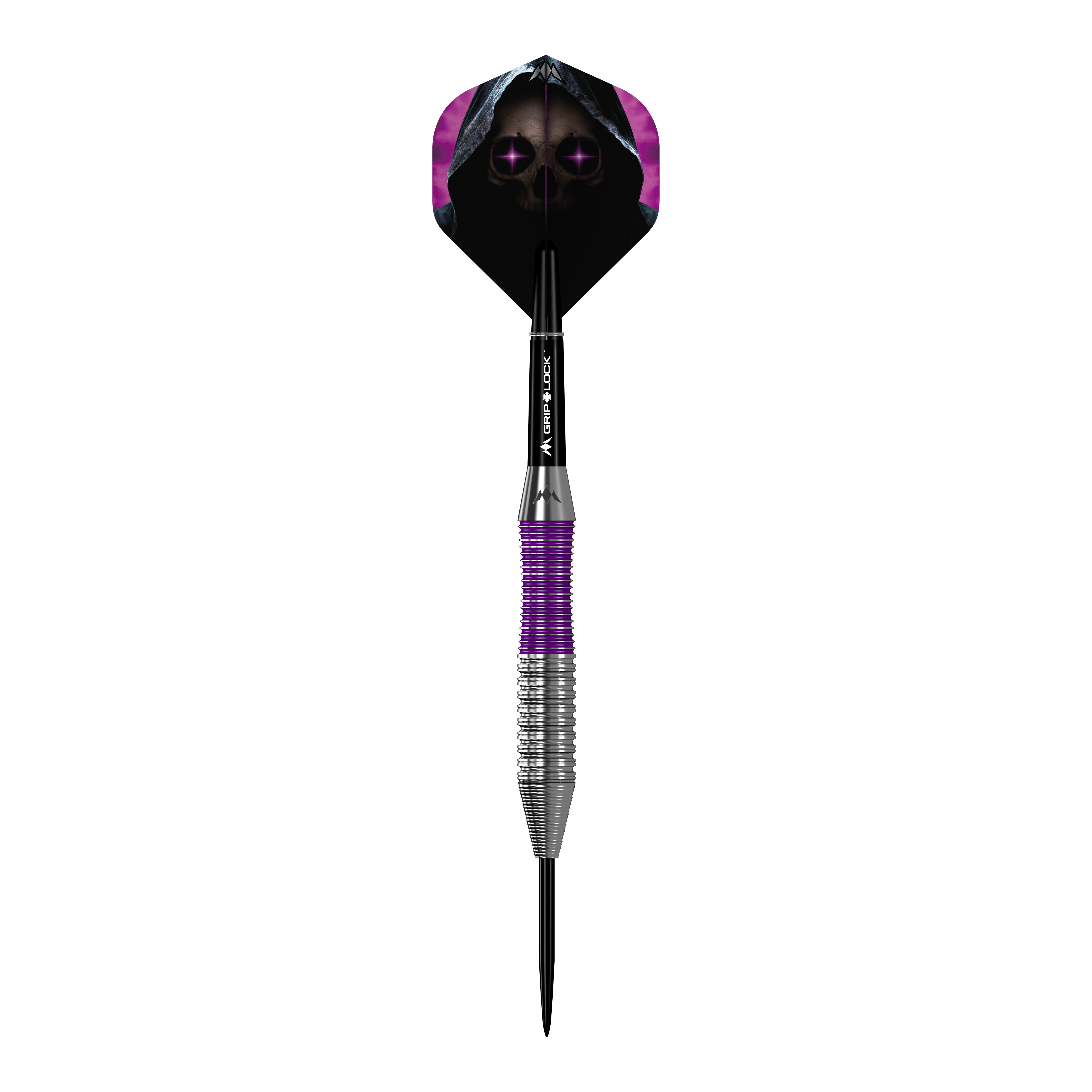 Mission Phantom Brass Steel Darts - 22g Das Bild zeigt den Mission Phantom Brass Steeldart mit einem Gewicht von 22 Gramm. Der Dart hat ein auffälliges Design mit violetten und silbernen Elementen sowie einer Flight-Grafik eines Totenkopfs mit Kapuze.