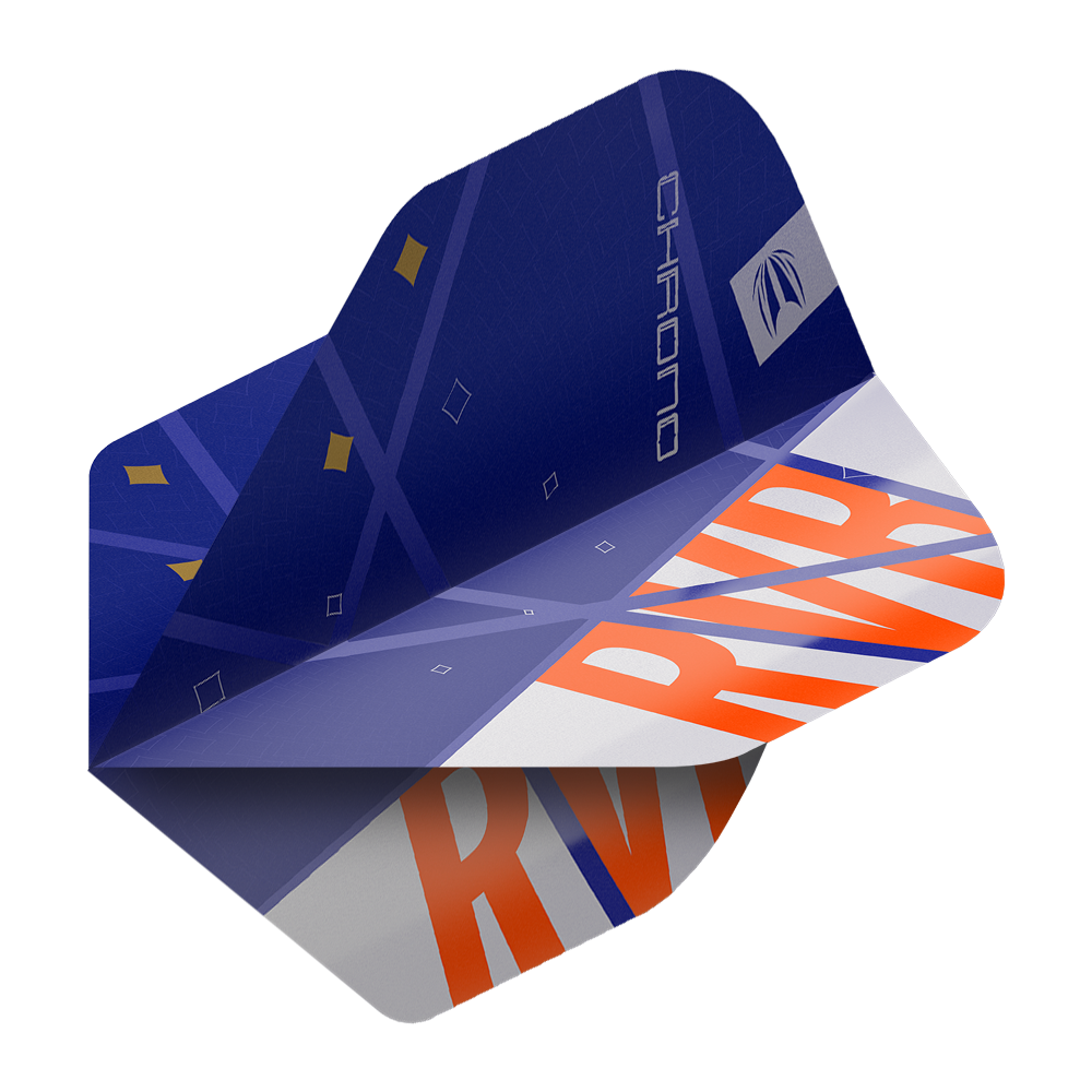 Target Pro Ultra Raymond Van Barneveld Chrono No2 Standard Flights - 3 Sets Das Bild zeigt ein Dartflight-Set aus der Serie "Target Pro Ultra Raymond Van Barneveld Chrono No2 Standard Flights". Das Flight ist vorwiegend blau mit orangefarbenen Buchstaben "RVB" und dekorativen Elementen.