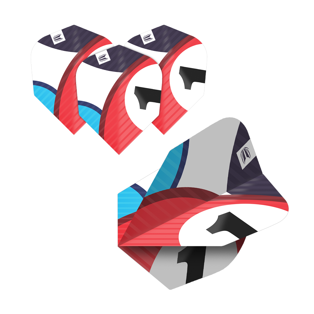 337205_Target_ProUltra_5Sets_Multipack_Chicane_No6_Flights_5VsLcv1mTi5uys Das Bild zeigt fünf Sätze Target Pro Ultra Chicane Multipack No6 Flights. Die Flights haben ein farbenfrohes Design mit roten, blauen, weißen und schwarzen Elementen.