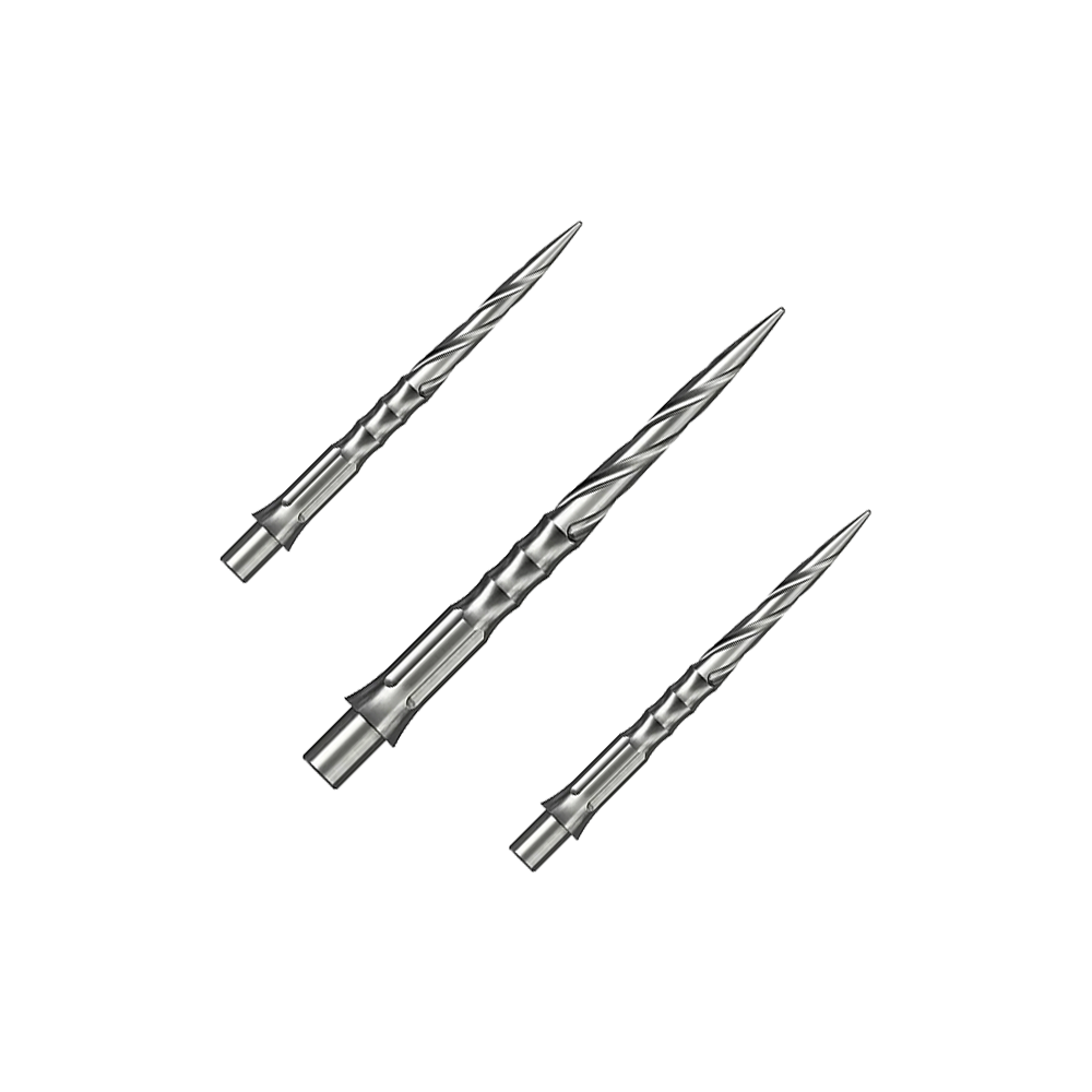 Caliburn System steel dart tips - Spiro - NoLip - silver Das Bild zeigt ein Set von Caliburn Evo System Steeldartspitzen in Silber, 28 mm lang und mit Spiro-Design. Mehrere Spitzen sind geordnet dargestellt.
