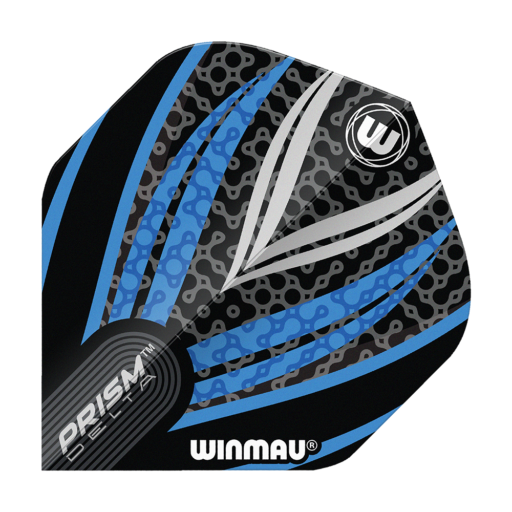 Winmau Prism Delta Black White Blue No. 2 Standard Flights Das Bild zeigt ein Winmau Prism Delta Flight in den Farben Schwarz, Weiß und Blau. Das Design ist modern mit auffälligen Linien und Mustern.