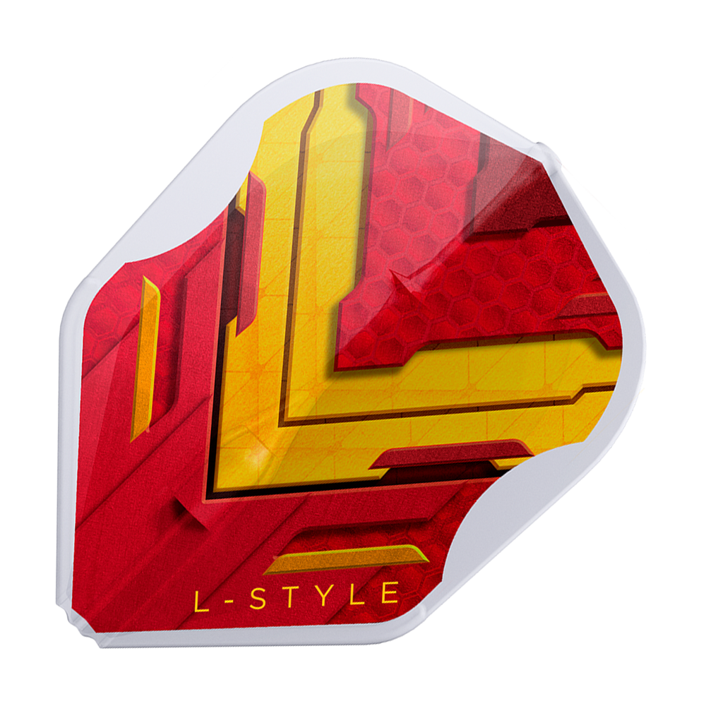 Dies ist ein L-Style V-Series V1 Type A Spain Clear White L3EZ Flight. Das Design ist rot und gelb mit einem weißen Rand und der Aufschrift "L-STYLE".