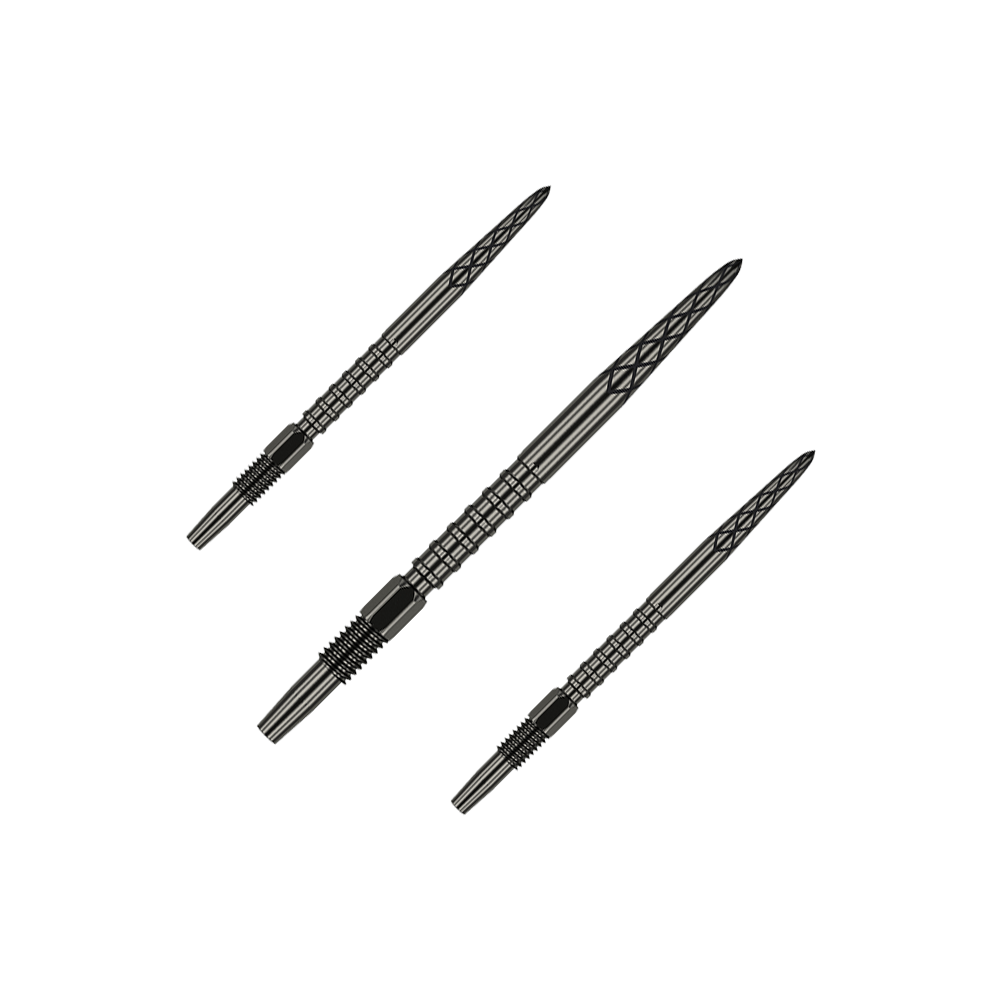 Target Swiss DS Surge Point dart tips - Black Auf dem Bild sind drei schwarze Dartspitzen zu sehen. Sie sind schlank, haben ein strukturiertes Muster und liegen nebeneinander.