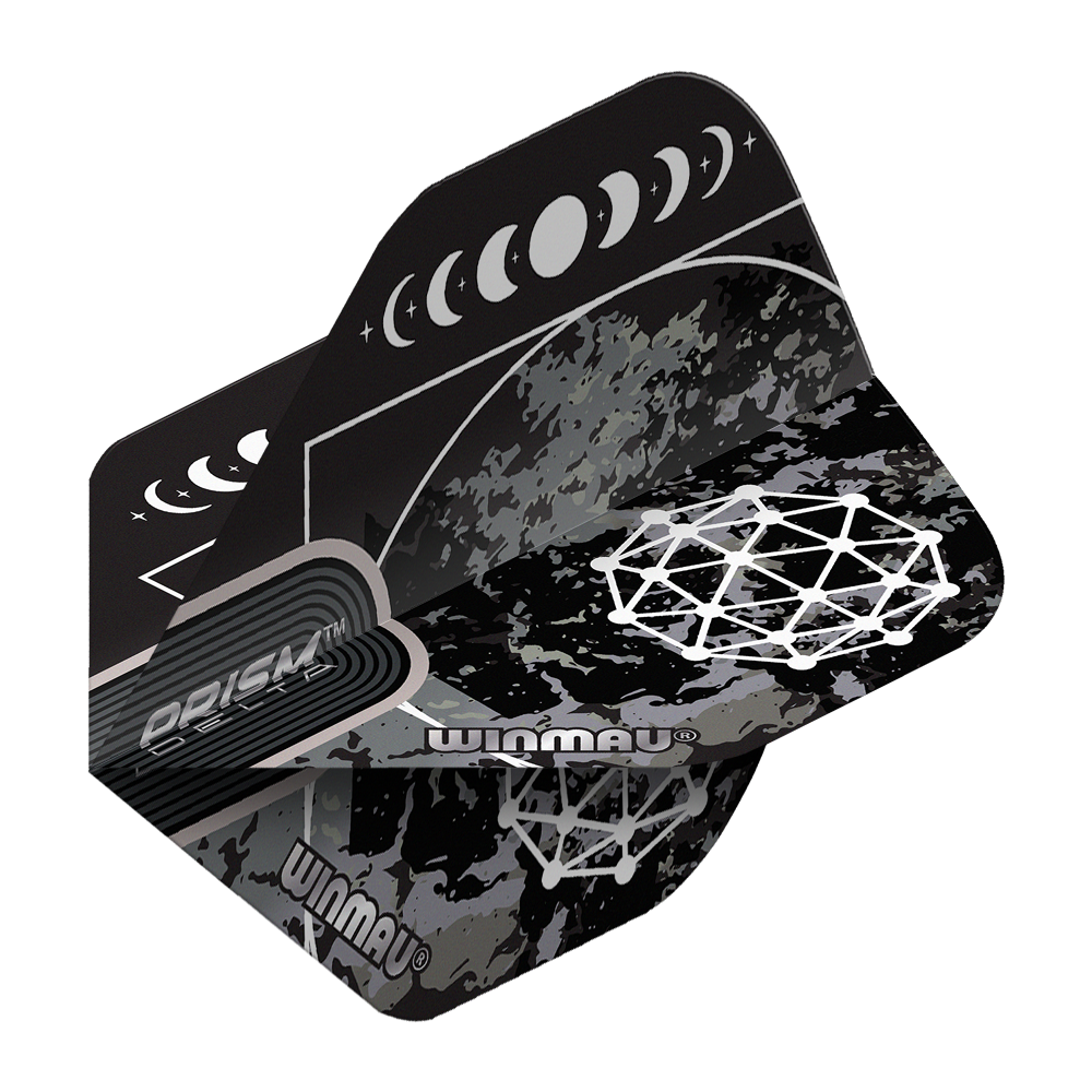 Winmau Prism Delta Callisto No2 Standard Flights Das Bild zeigt die Winmau Prism Delta Callisto No2 Standard Flights. Die Flights sind schwarz-grau gemustert und mit weißen grafischen Mondphasen und geometrischen Mustern verziert.