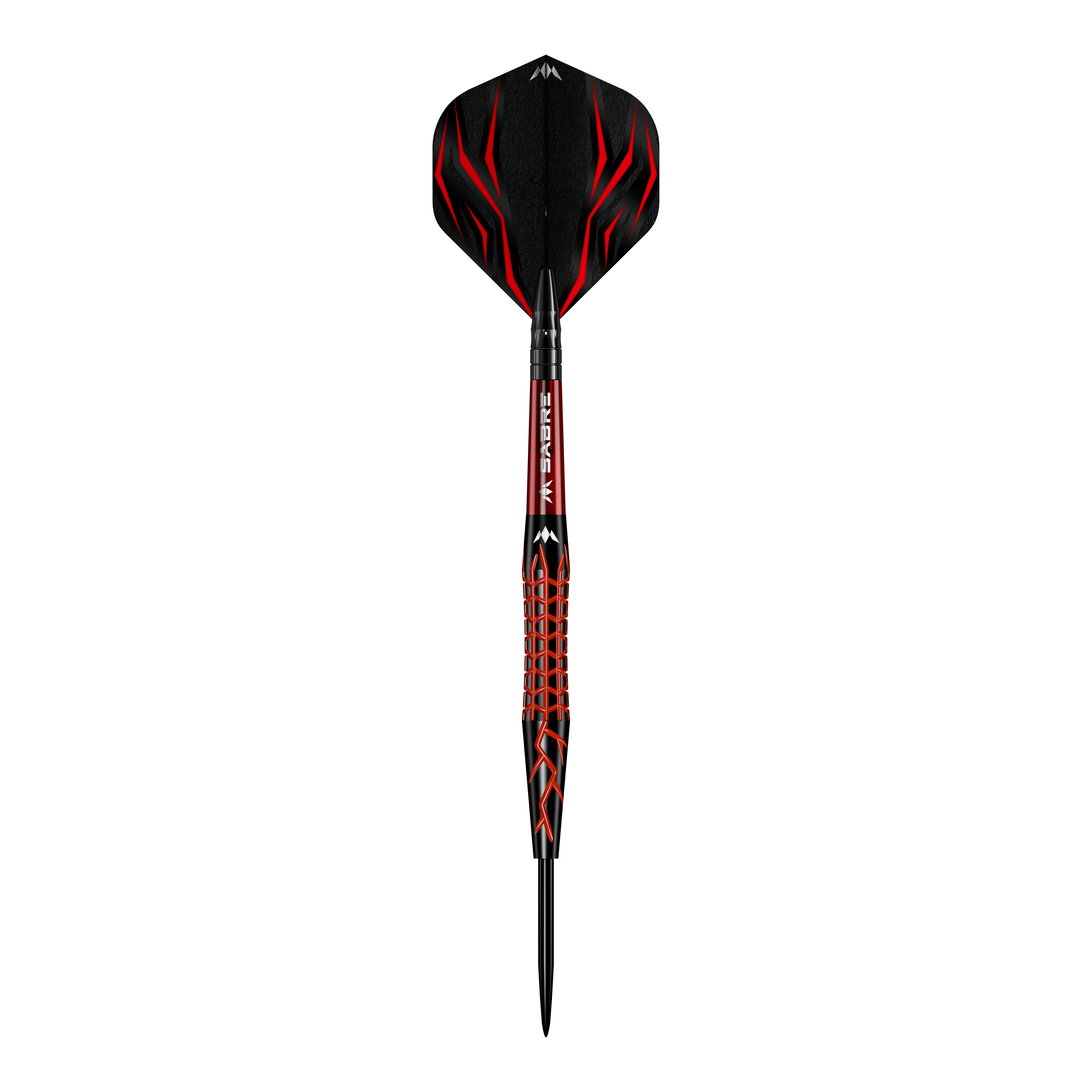Mission Lava Steeldarts Das Bild zeigt einen Mission Lava Steeldart mit auffälligem schwarzen und roten Design. Der Dart hat eine strukturierte Oberfläche und eine spitze Metallspitze.