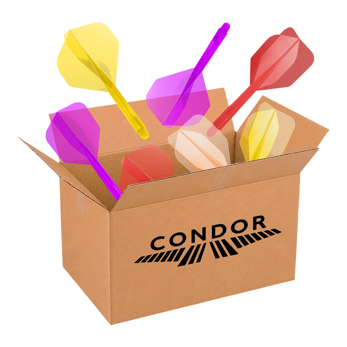 McDart Mystery Box - Condor Auf diesem Bild wird die McDart Mystery-Box - Condor präsentiert. Die Box ist für Dartspieler gedacht und enthält spezielle Artikel der Marke Condor.