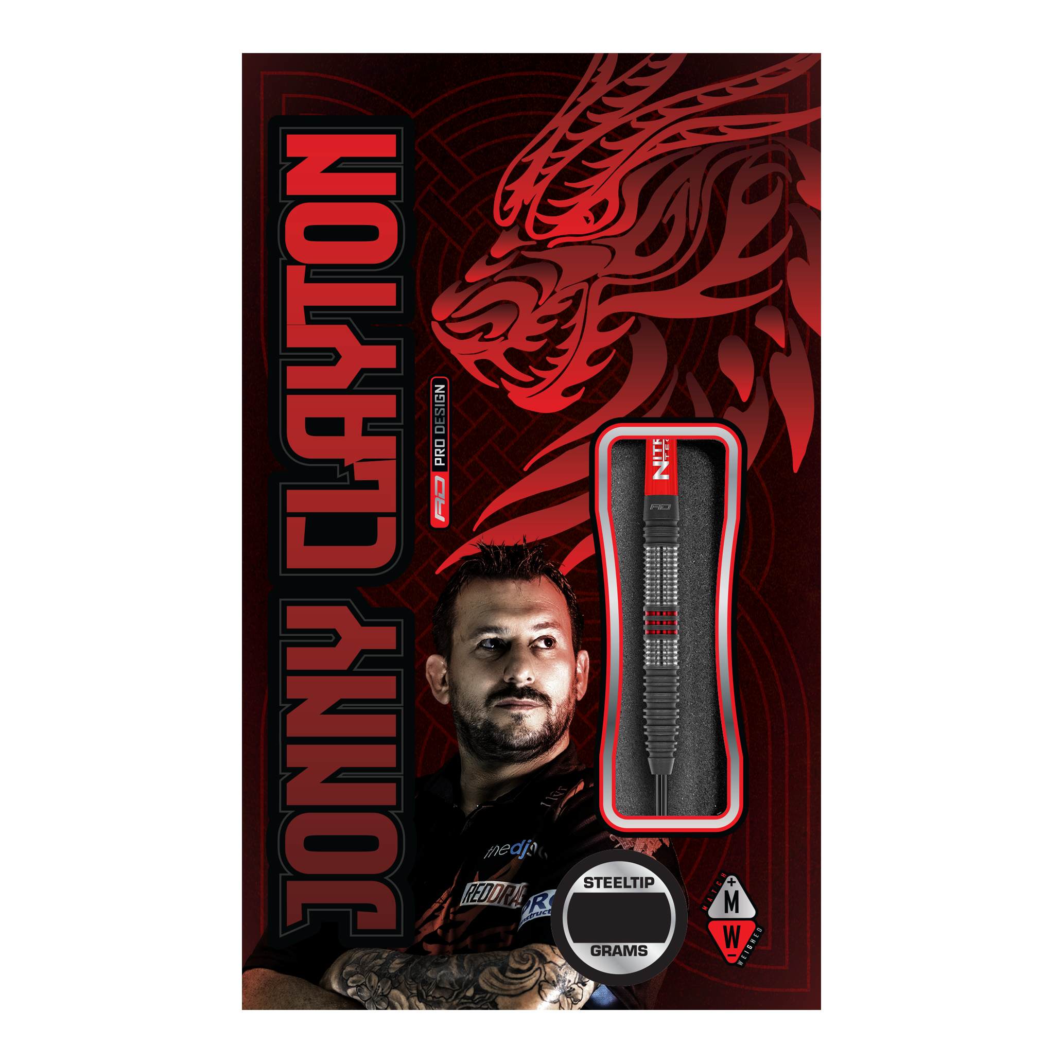 Red Dragon Jonny Clayton Hiraeth steel darts Die Abbildung zeigt die Verpackung der "Red Dragon Jonny Clayton Hiraeth Steeldarts". Auf der Verpackung sind ein Porträt von Jonny Clayton sowie ein stilisierter roter Drache abgebildet.