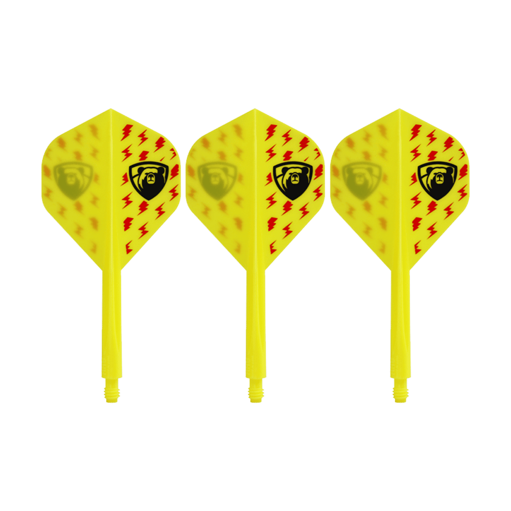 Condor AXE Thunderbolt Yellow Flight-System - Standard Auf dem Bild sind drei gelbe Dart-Flights mit roten Blitzsymbolen und einem schwarzen Bären-Logo zu sehen. Es handelt sich um das Produkt "Condor AXE Thunderbolt Yellow Flight-System - Standard".
