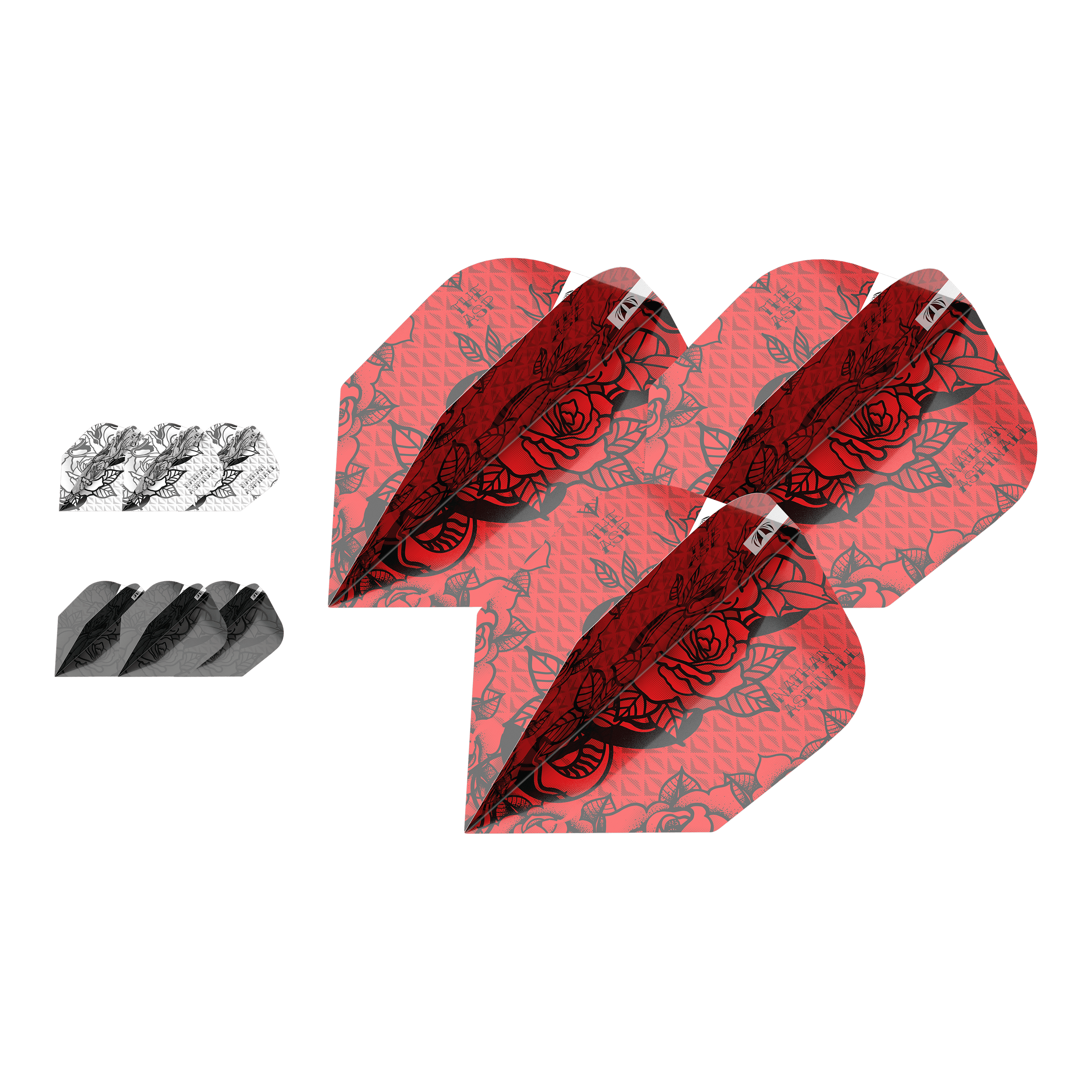 Target Ink Bundle 3 Sets Nathan Aspinall No6 Flights Das Bild zeigt drei Sets von Dart-Flights des Produkts "Target Ink Bundle 3 Sets Nathan Aspinall No6 Flights". Die Flights sind in Rot, Schwarz und Weiß mit auffälligem Muster gestaltet.