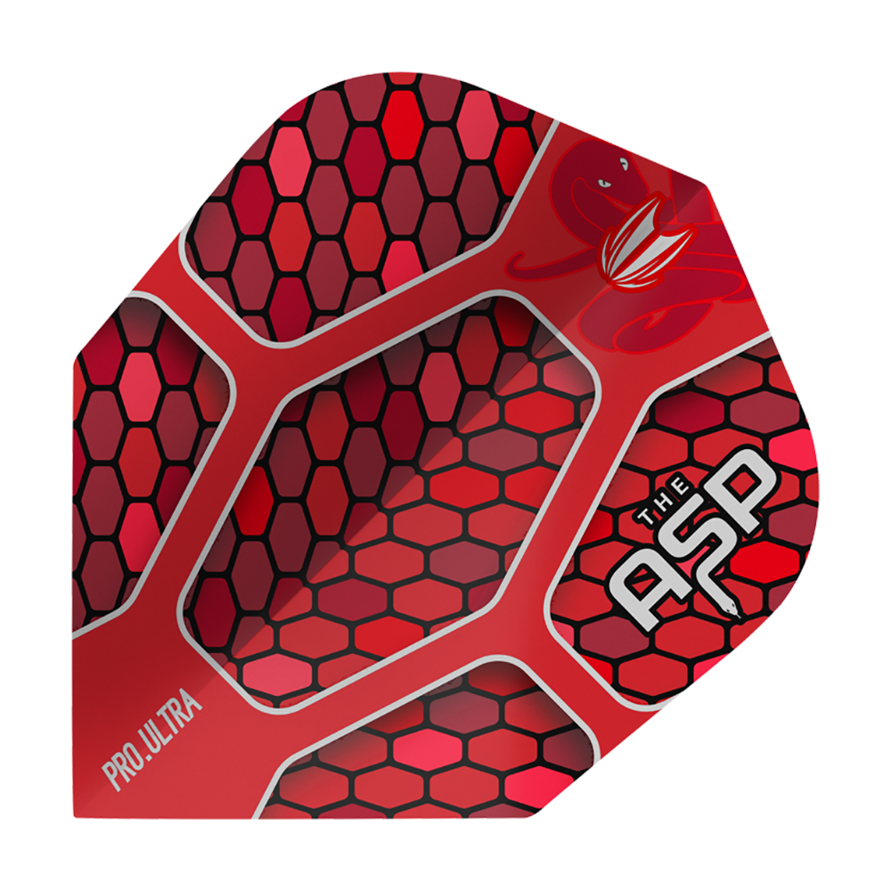 TG386_334440_Target_ProUltra_Nathan_Aspinall_Red_No6_Flights_1 Dieses Bild zeigt einen roten Dartflight mit Wabenmuster und weißen Schriftzügen. Auf dem Flight stehen „PRO.ULTRA“ und „THE ASP“.