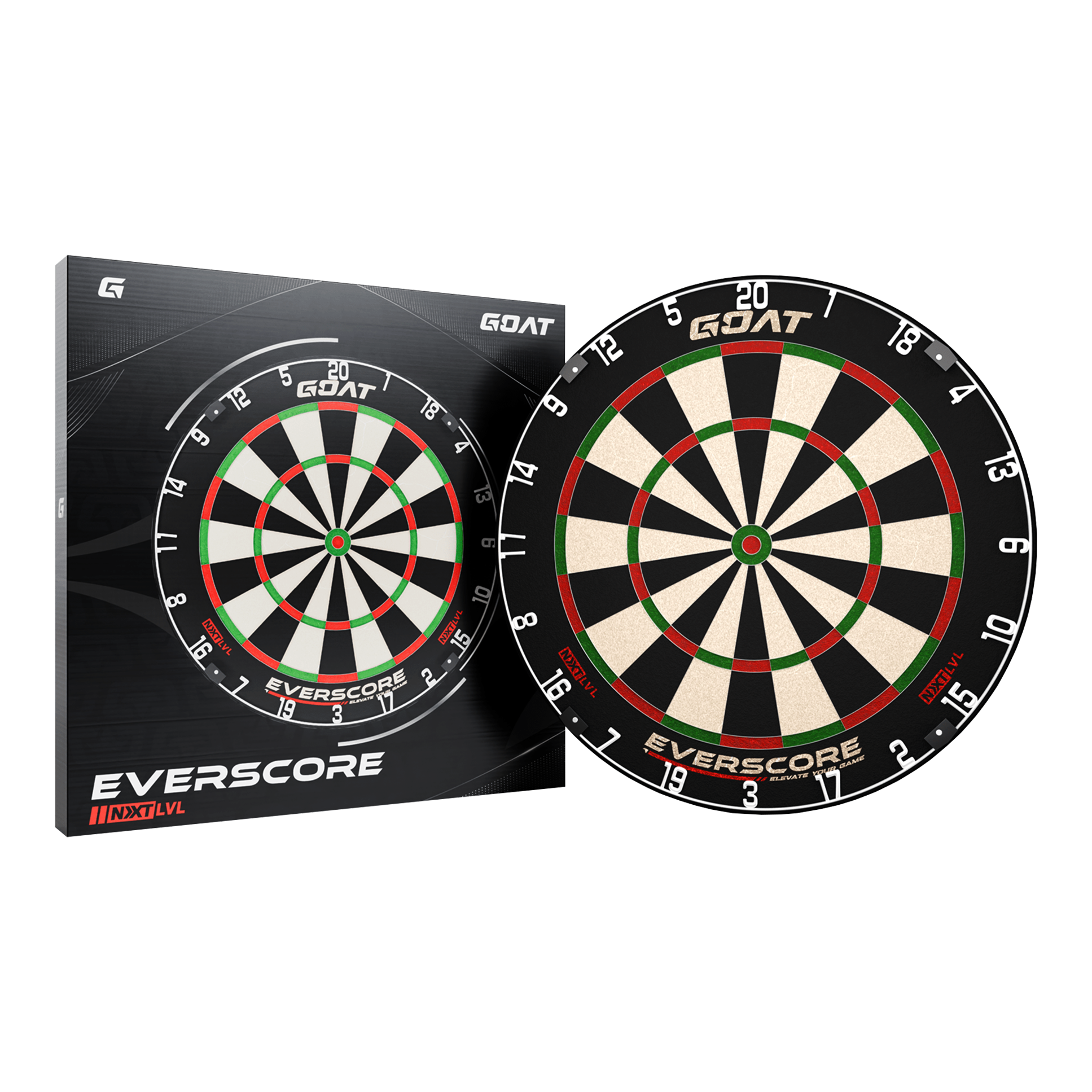 GOAT Everscore Steel Dartboard Das Bild zeigt das Produkt "GOAT Everscore Steeldartboard" zusammen mit seiner Verpackung. Das Dartboard hat ein klassisches Design mit schwarzen, weißen, roten und grünen Feldern.