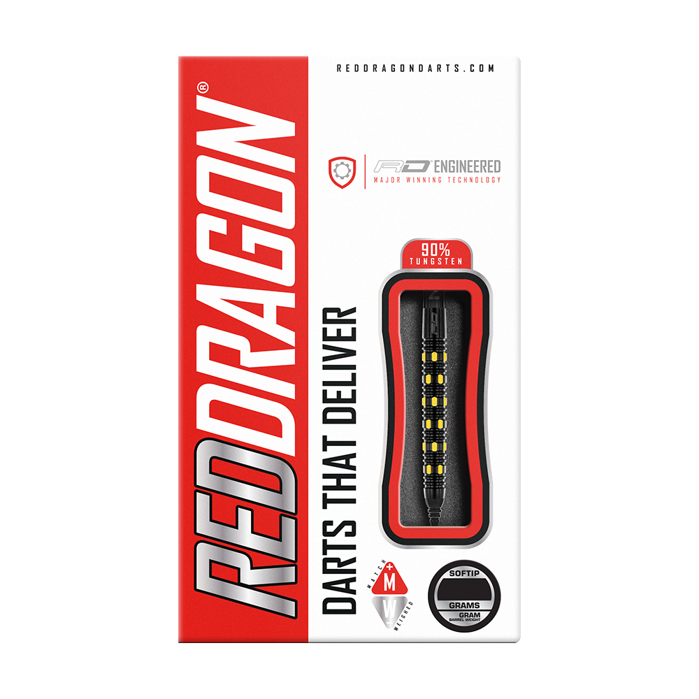 RD2386_Red_Dragon_Nirvana_Softdarts_3 Die Verpackung zeigt die "Red Dragon Nirvana Softdarts - 20g" mit einem modernen Design. Die Darts bestehen aus 90% Tungsten und sind speziell für Softtip-Spiele geeignet.